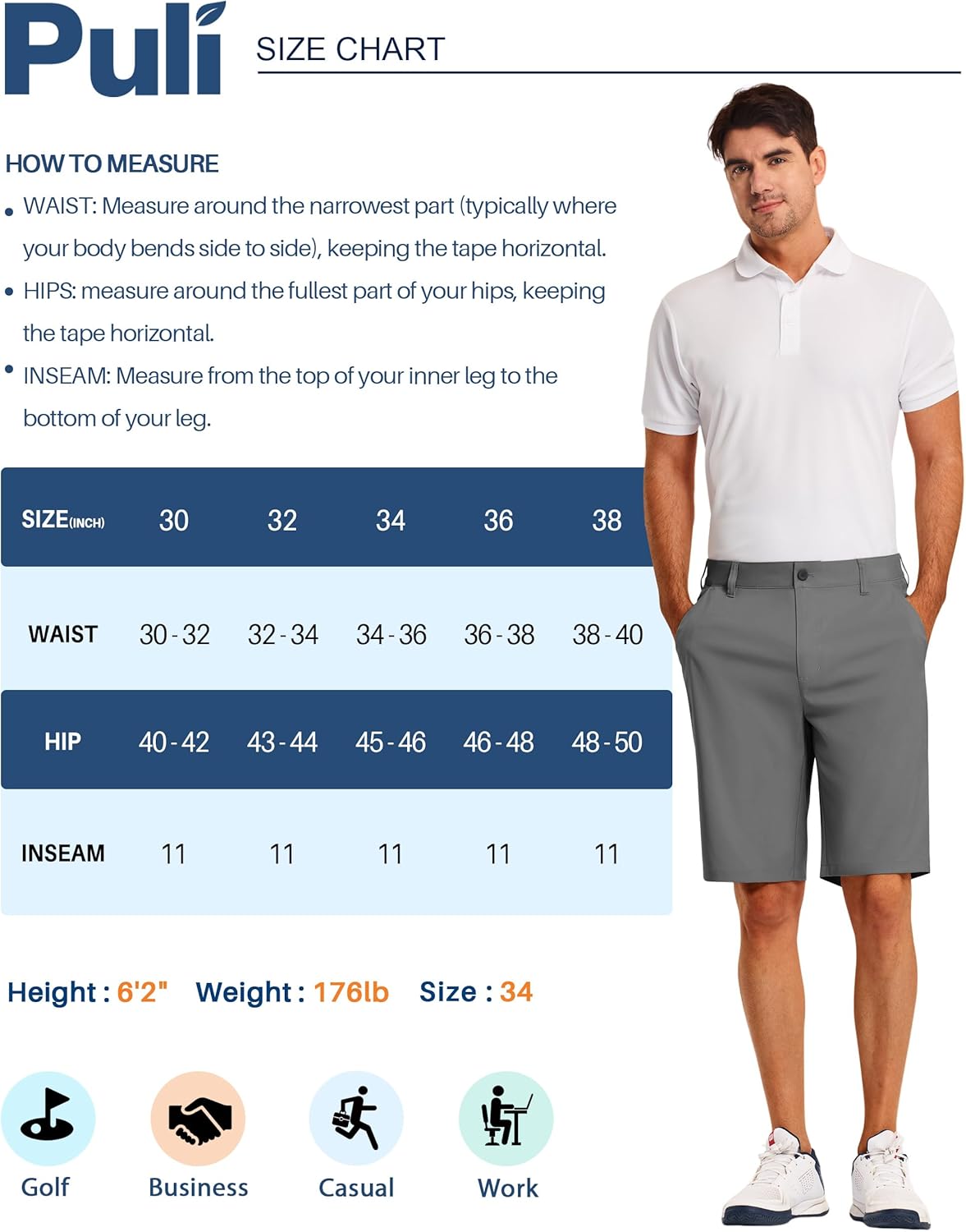 PULI Golf Shorts Men's 11 Inch Inseam Lightweight Casual Dress Stretch Travel Hybrid Quick Drying with Pockets