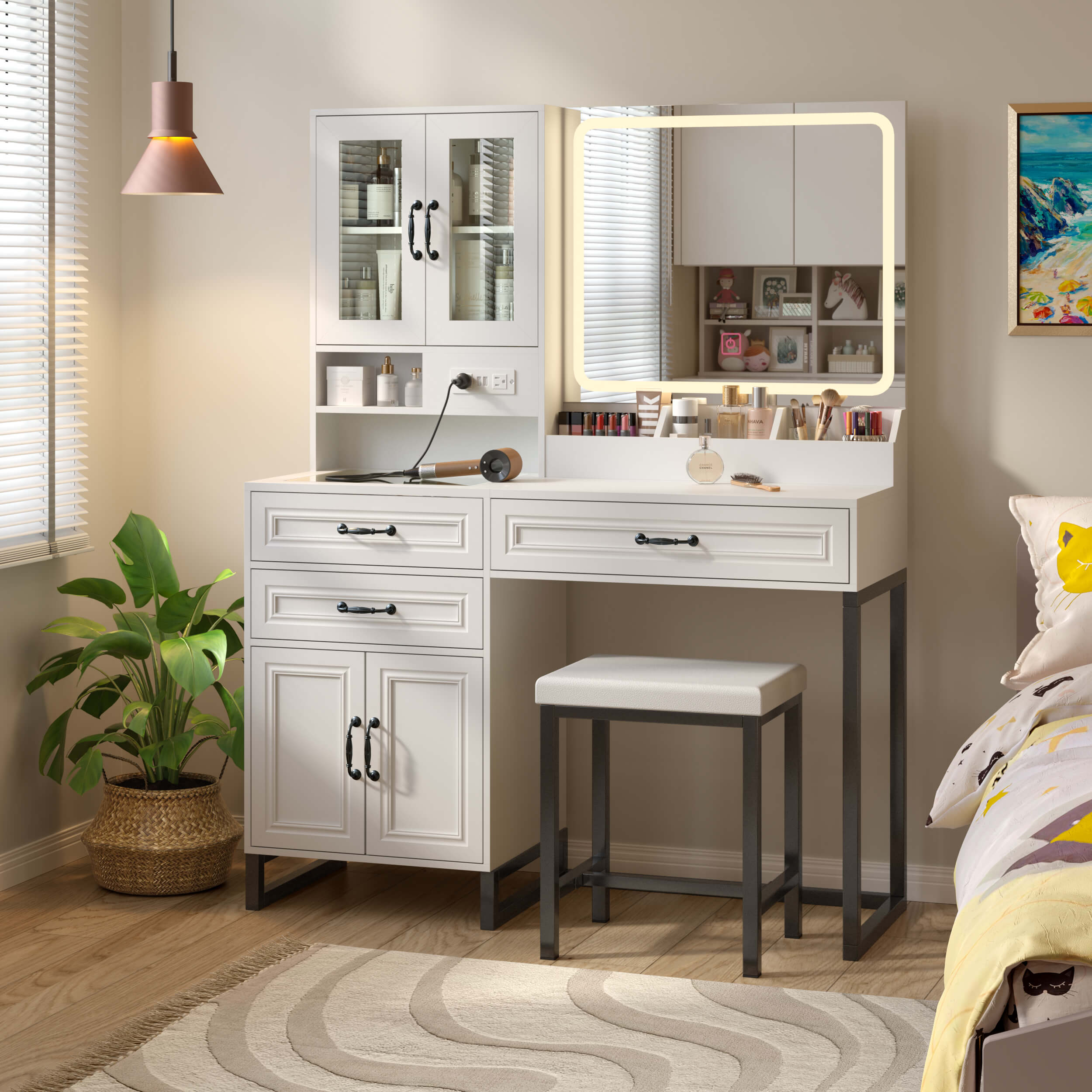 Makeup Vanity Desk with Lights and Mirror, Glass Top Vanity Table with Power Outlet, Adjustable 3-Color LED, 4-Door Vanity with Drawers and Chair for Bedroom