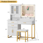 Makeup Vanity Desk with Lights and Mirror, Glass Top Vanity Table with Power Outlet, Adjustable 3-Color LED, 4-Door Vanity with Drawers and Chair for Bedroom