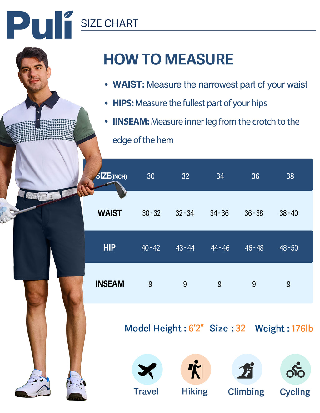 PULI Men's Golf Dress Shorts 7 Inch with 5 Pockets