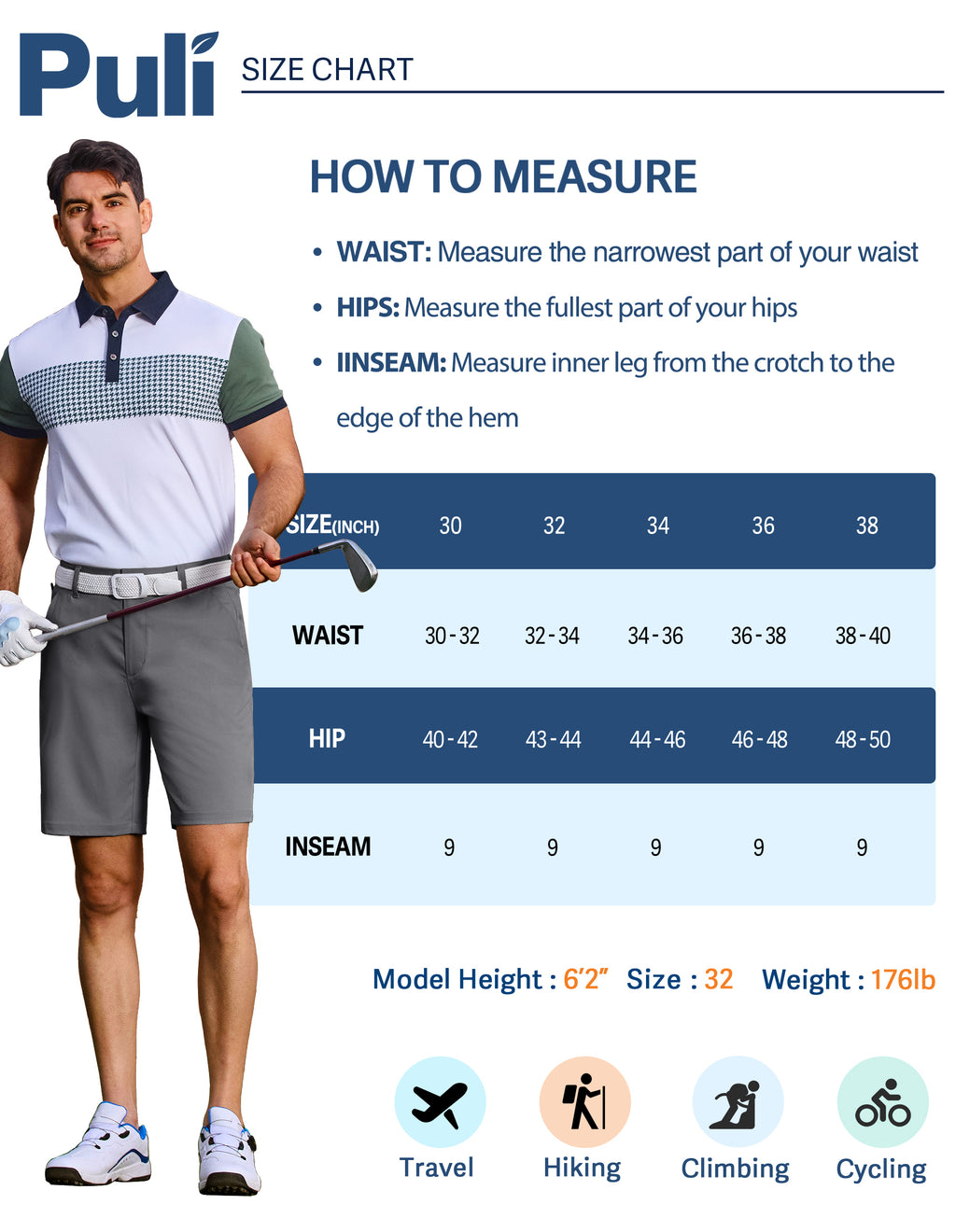 PULI Men's Golf Dress Shorts 7 Inch with 5 Pockets
