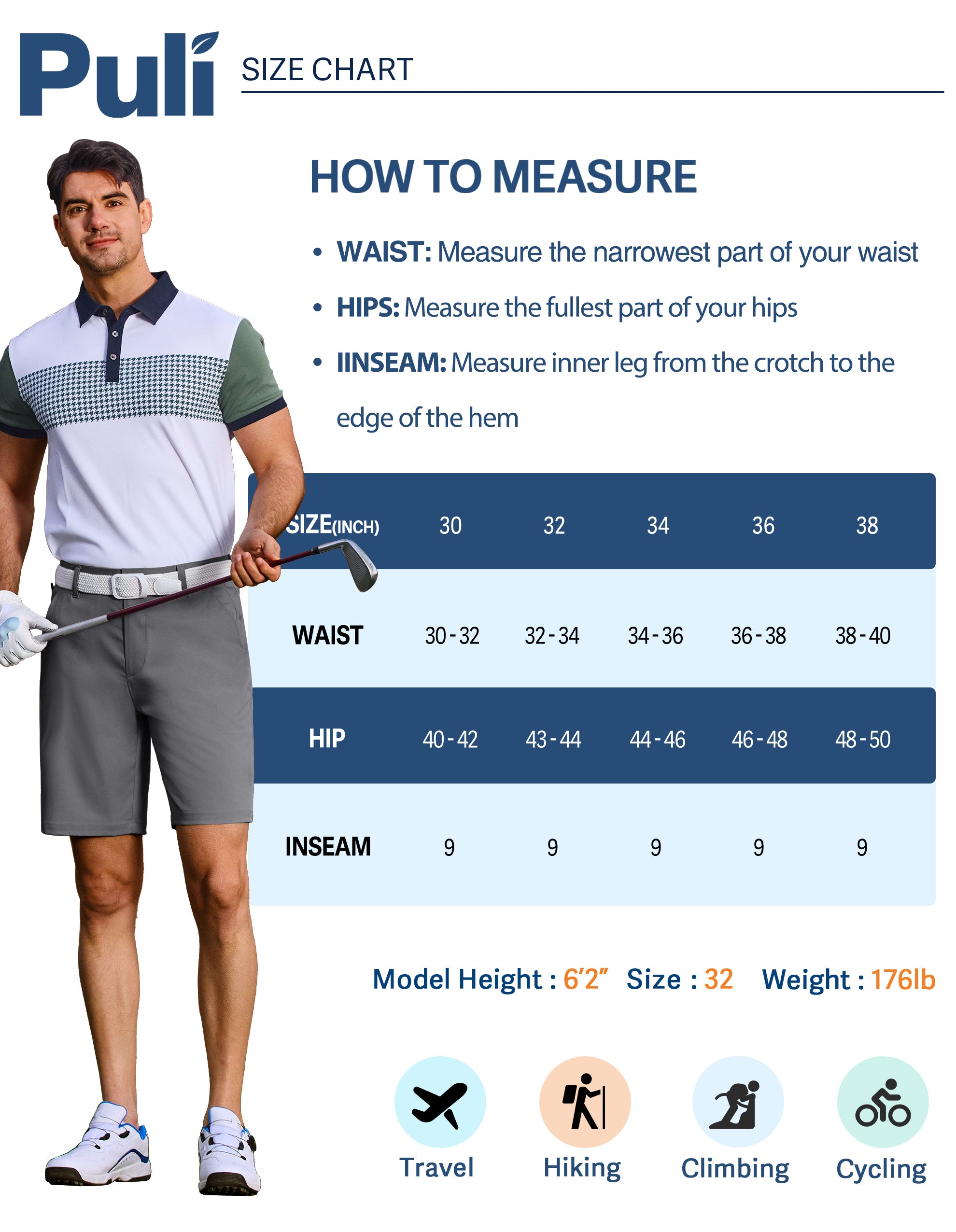 PULI Men's Golf Dress Shorts 7 Inch with 5 Pockets