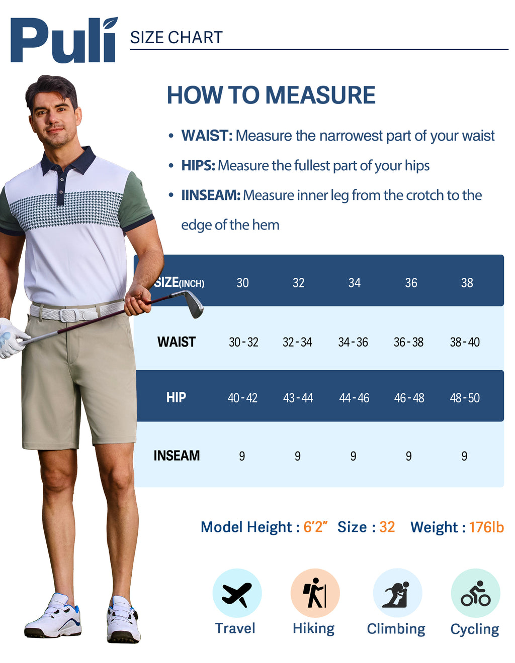 PULI Men's Golf Dress Shorts 7 Inch with 5 Pockets