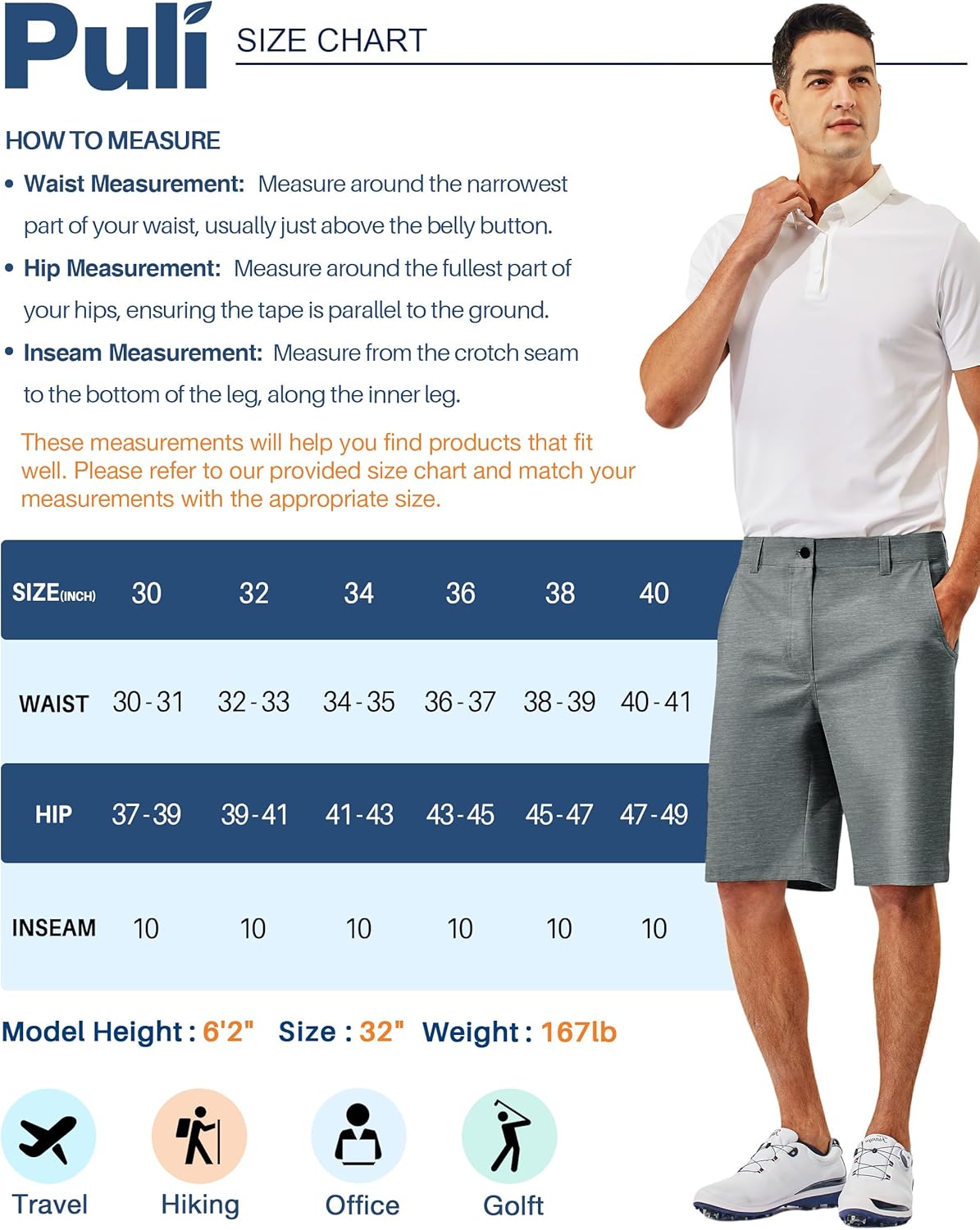 PULI Men's 10" Golf Shorts Dress Casual Summer Flat Front Lightweight Travel Short with Pockets