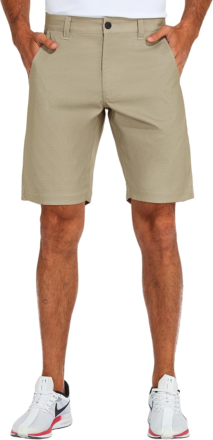PULI Men's 10" Golf Shorts Dress Casual Summer Flat Front Lightweight Travel Short with Pockets