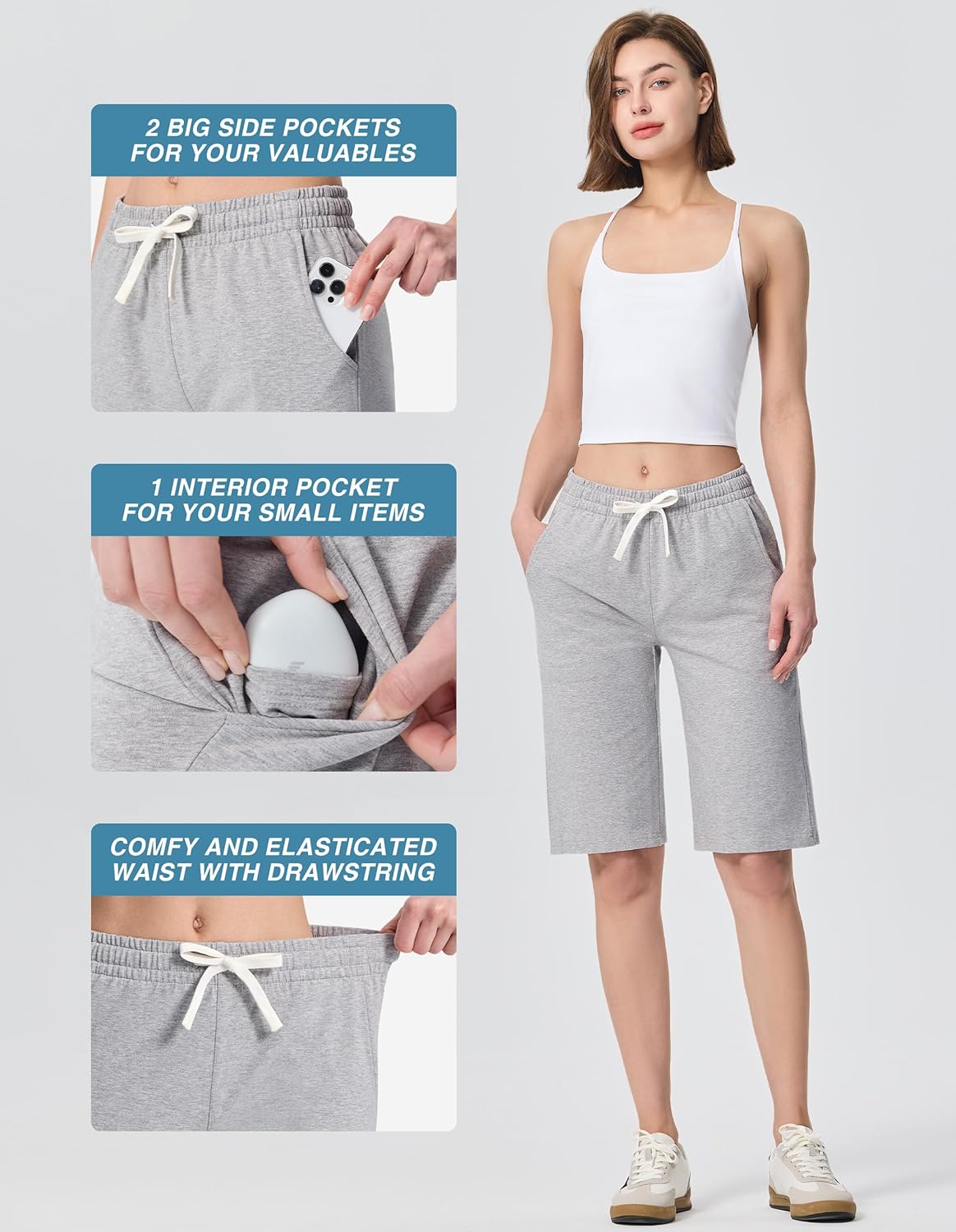 Women's Bermuda Shorts 12" Sweat Cotton Athletic Sports Workout Below Knee Shorts with Pockets