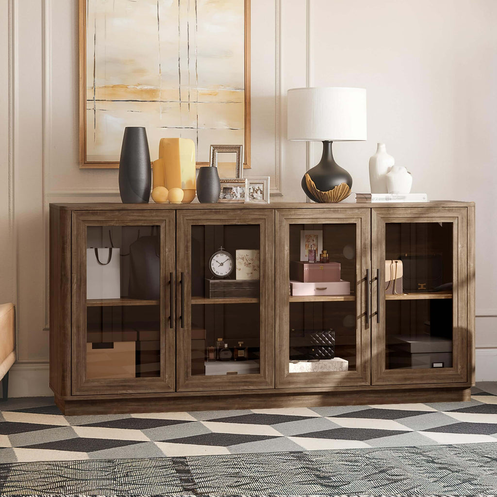 63" Buffet Cabinet with Storage, Modern Sideboard with 4 Glass Doors, Large Dining Room Credenza, TV Stand & Coffee Bar Cabinet