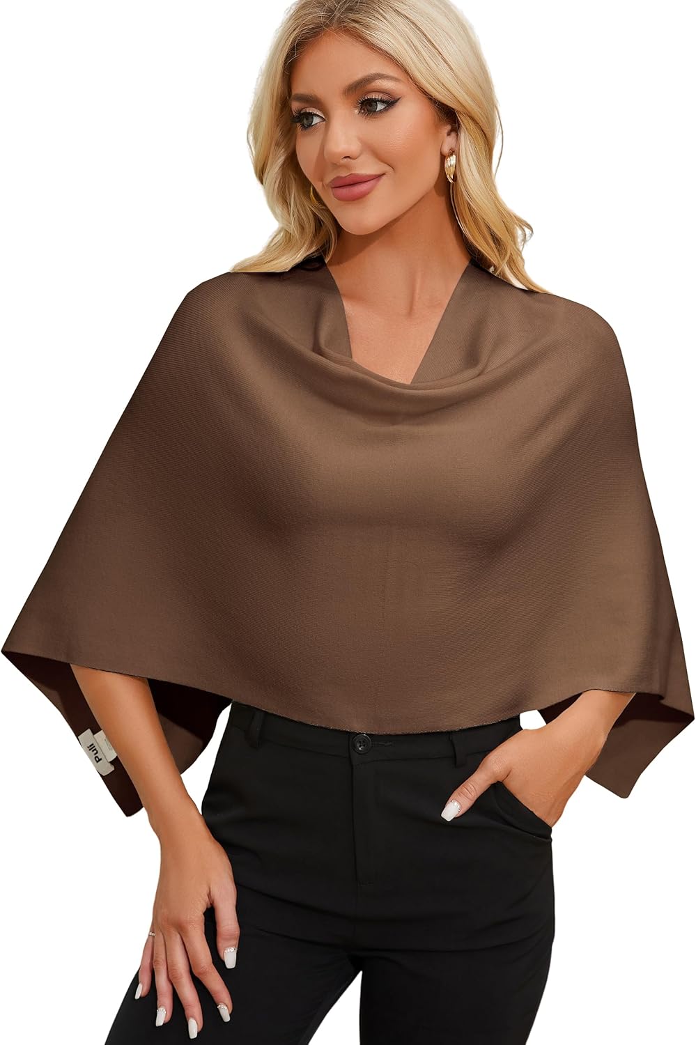 PULI Women's Capri Poncho Sweater Cropped Versatile Shawl Soft Knit Wraps Cowl Neck Short Tops