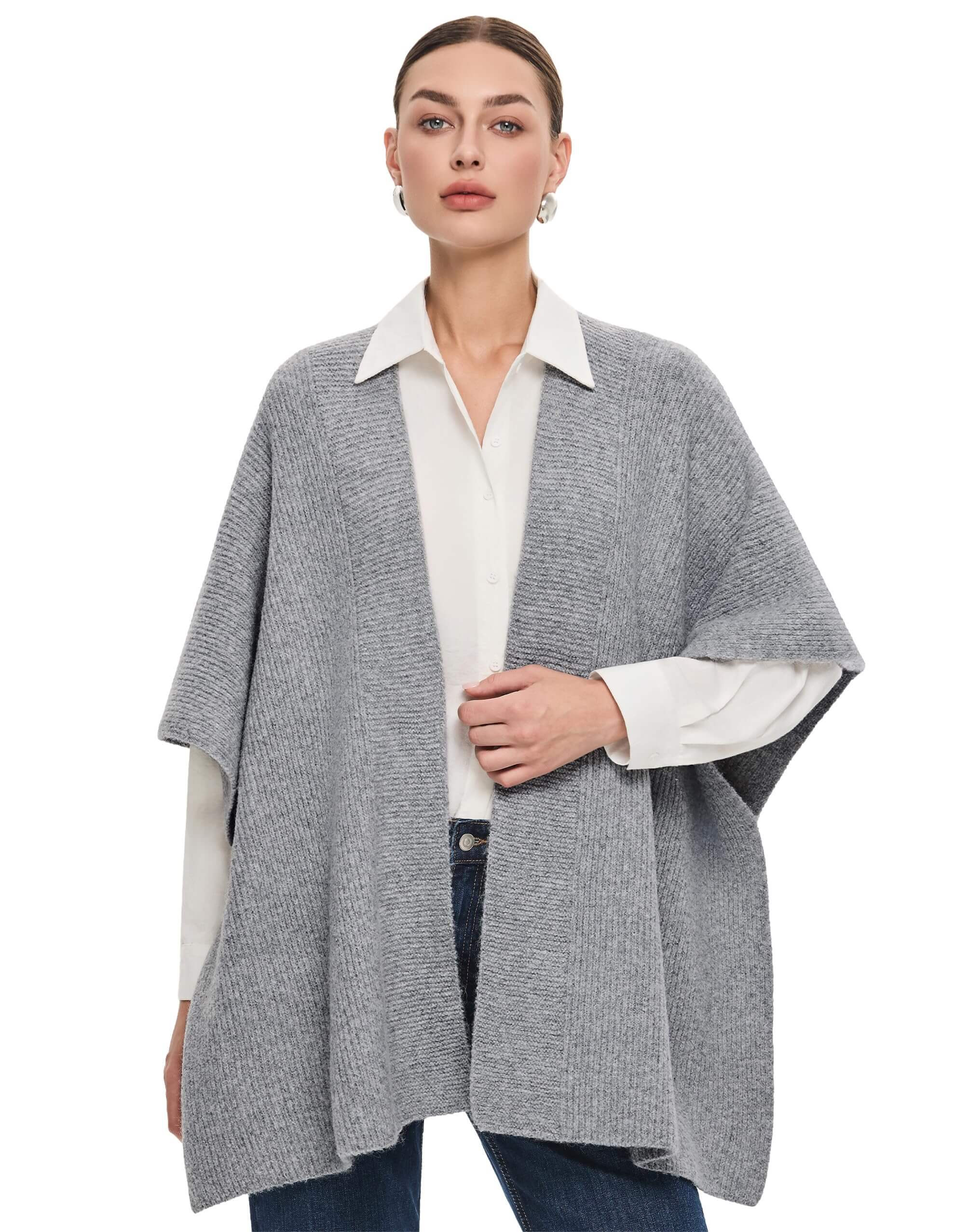 PULI Women's Open Front Shawl Wraps Casual Chunky Warm Capes Ribbed Knit Poncho Travel Sweater for Fall Winter
