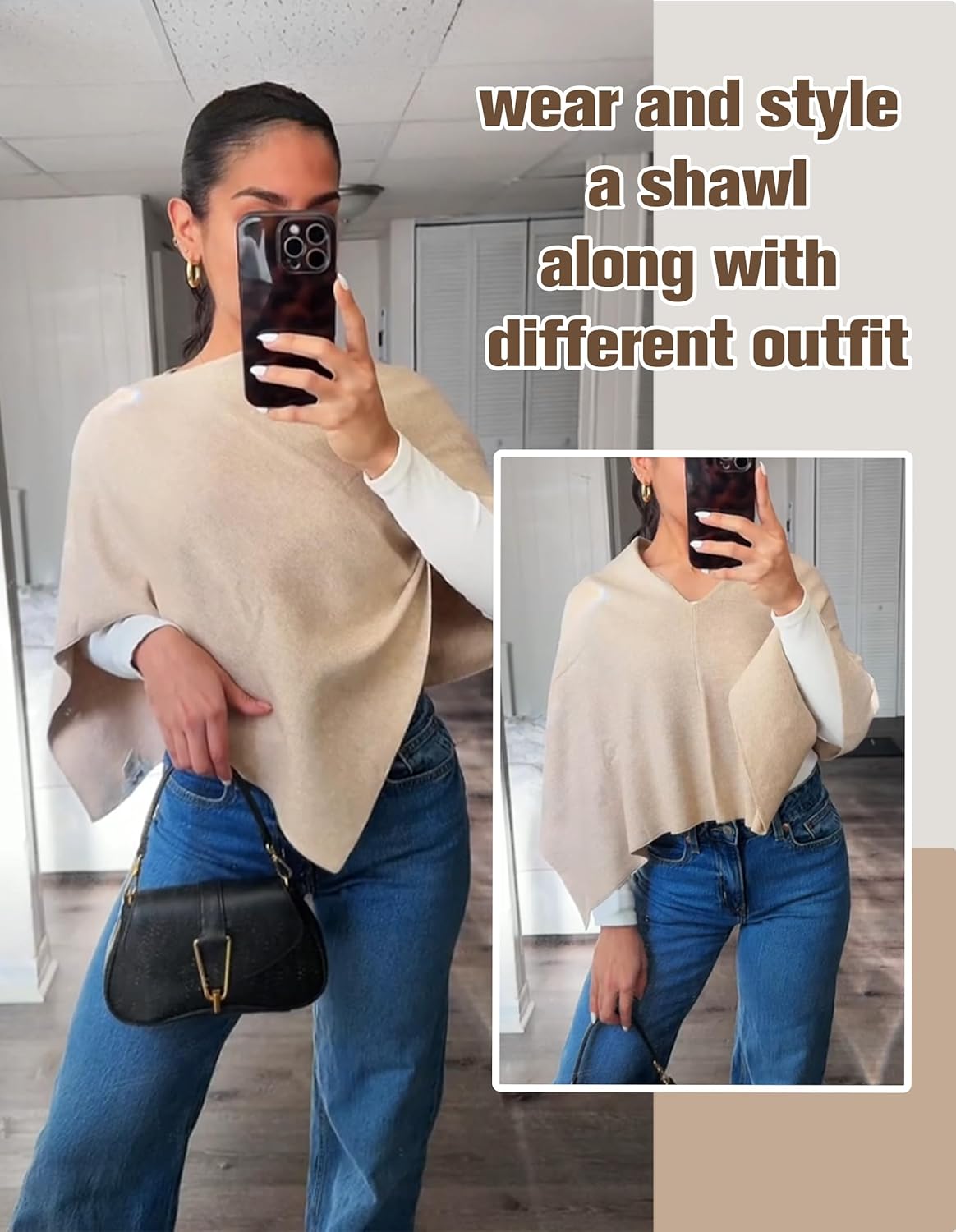 PULI Women's Capri Poncho Sweater Cropped Versatile Shawl Soft Knit Wraps Cowl Neck Short Tops