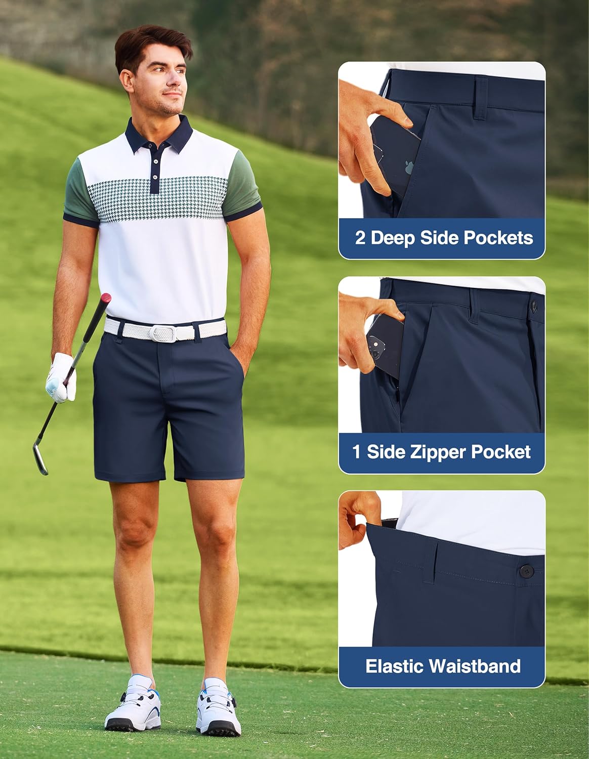 PULI Men's Golf Dress Shorts Flat Front 7 Inch Lightweight Quick Dry Chino Casual with Pockets