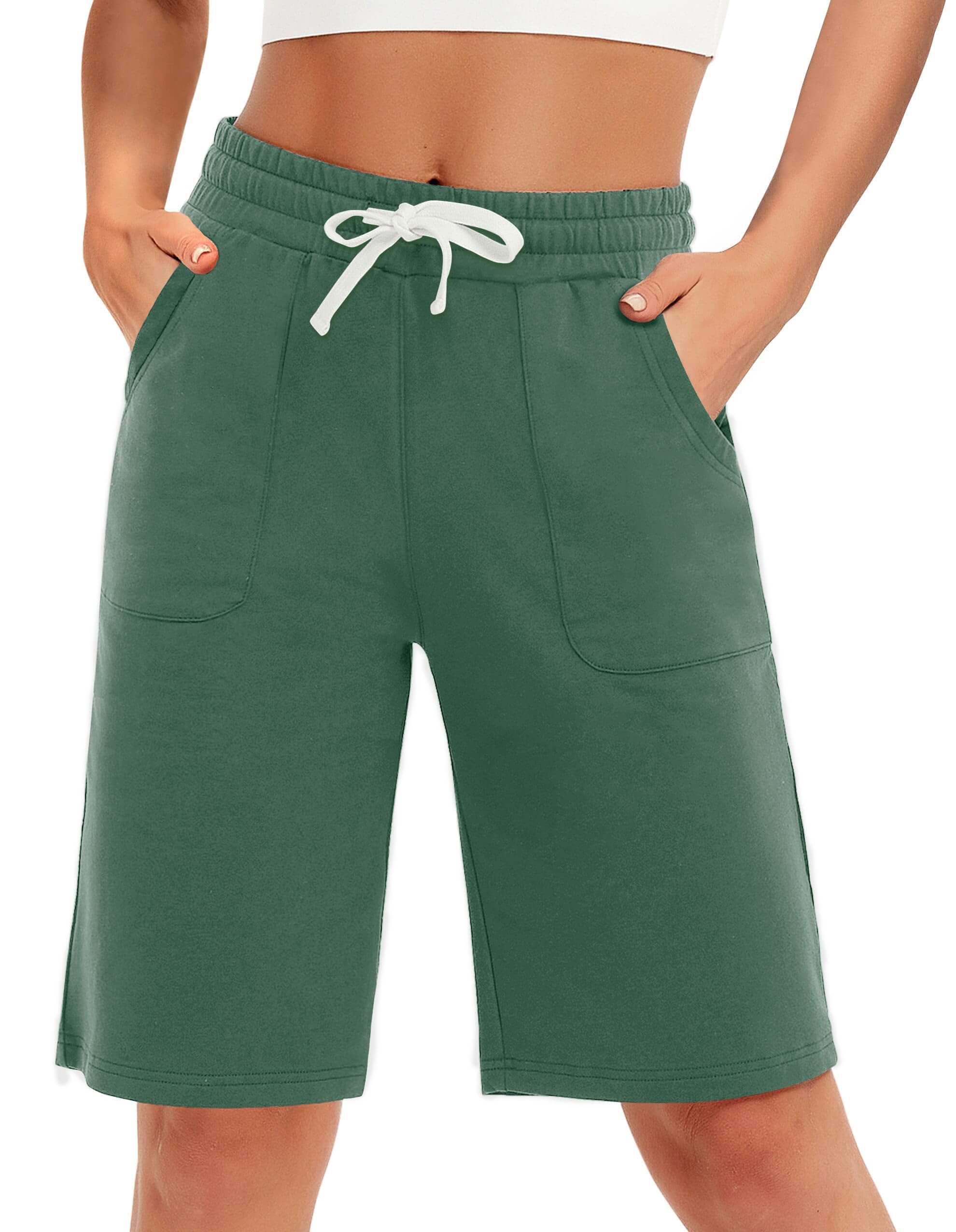 PULI Women's Cotton Sweat Shorts with Pockets  10" Athletic Lounge Sports Workout Bermuda Knee Shorts