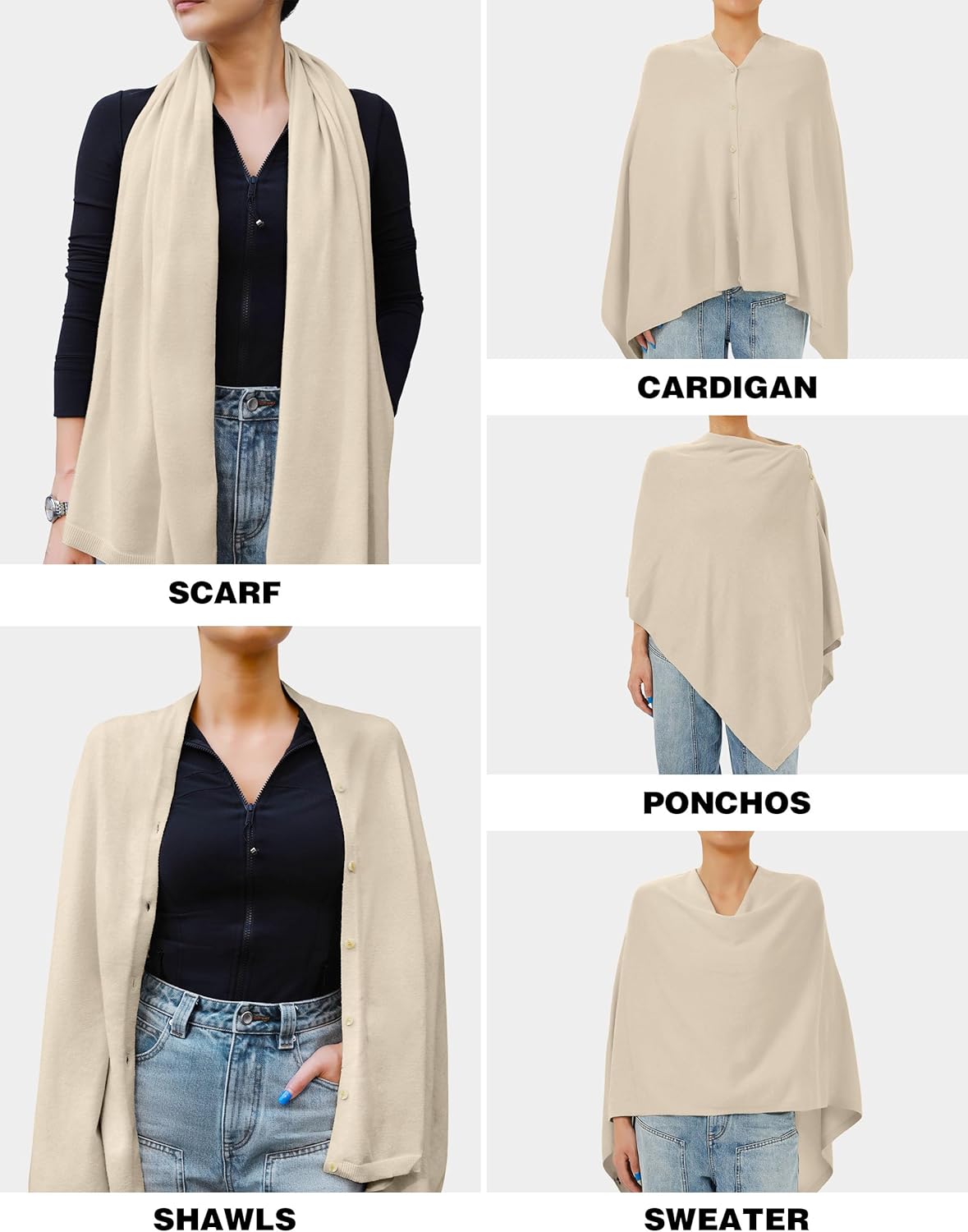 PULI Women's Versatile Knitted Shawls Scarf Poncho Sweater with Buttons Lightweight Spring Summer Fall Wraps