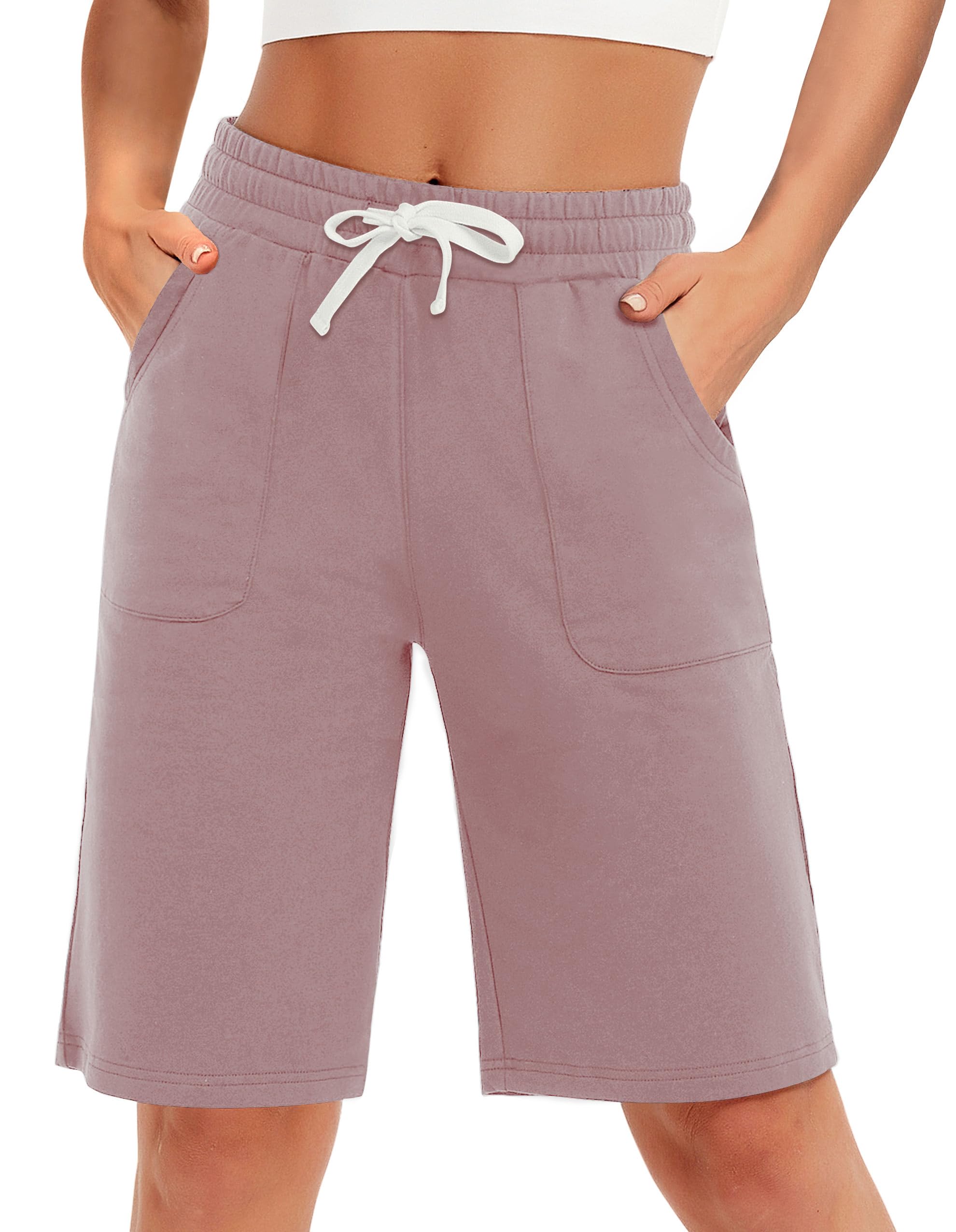 PULI Women's Cotton Sweat Shorts with Pockets  10" Athletic Lounge Sports Workout Bermuda Knee Shorts