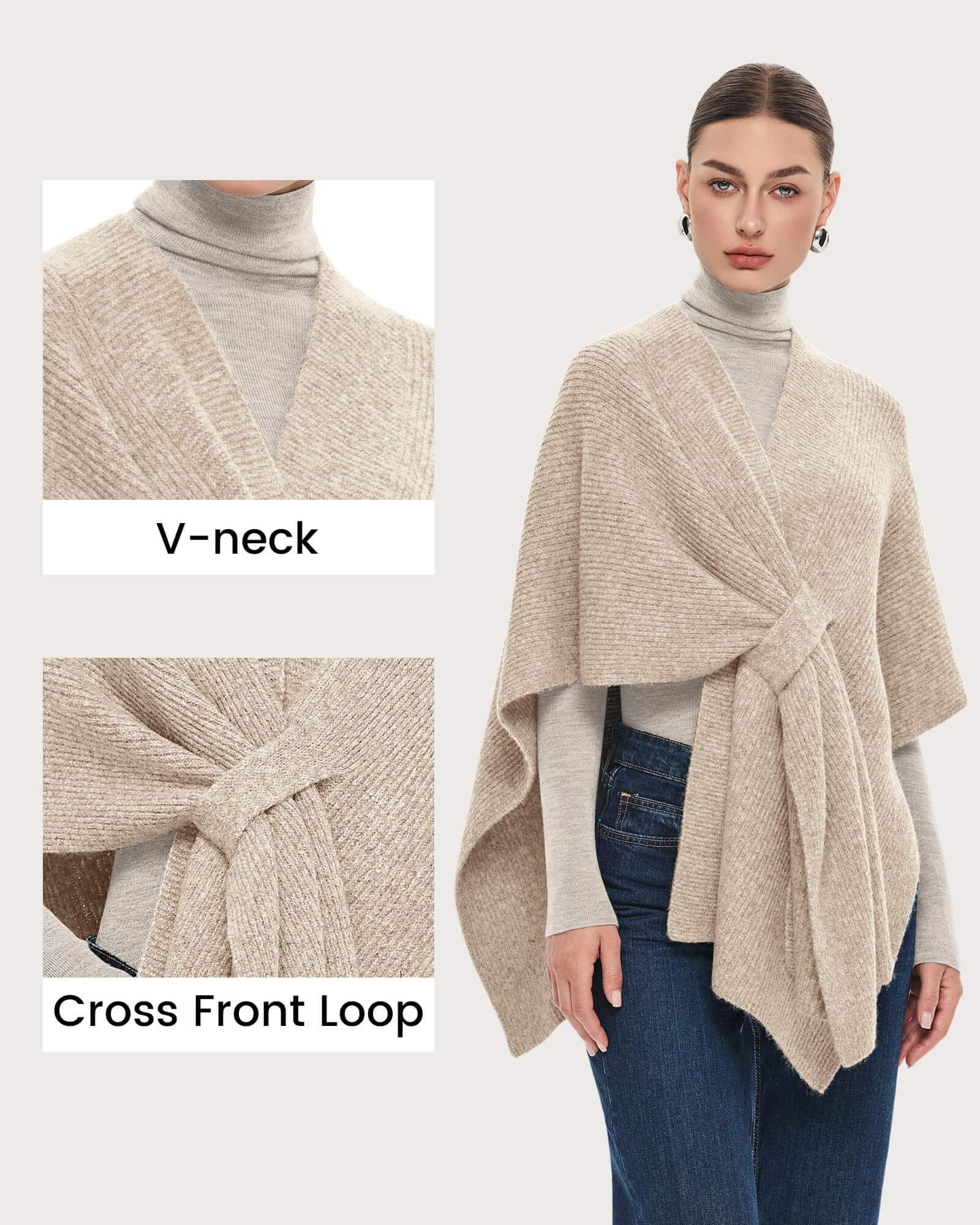 PULI Women's Shawl Wraps Casual Warm Travel Shawls Knit Poncho Sweater with Crossover Front