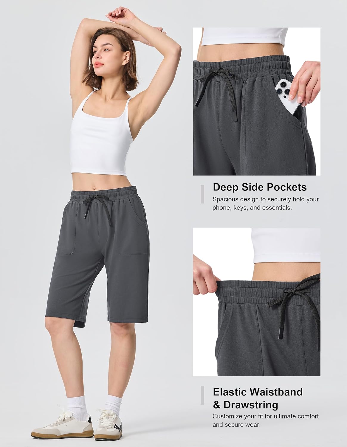 SPECIALMAGIC Women's Cotton Sweat Shorts with Pockets 12" Athletic Lounge Sports Workout Bermuda Knee Shorts