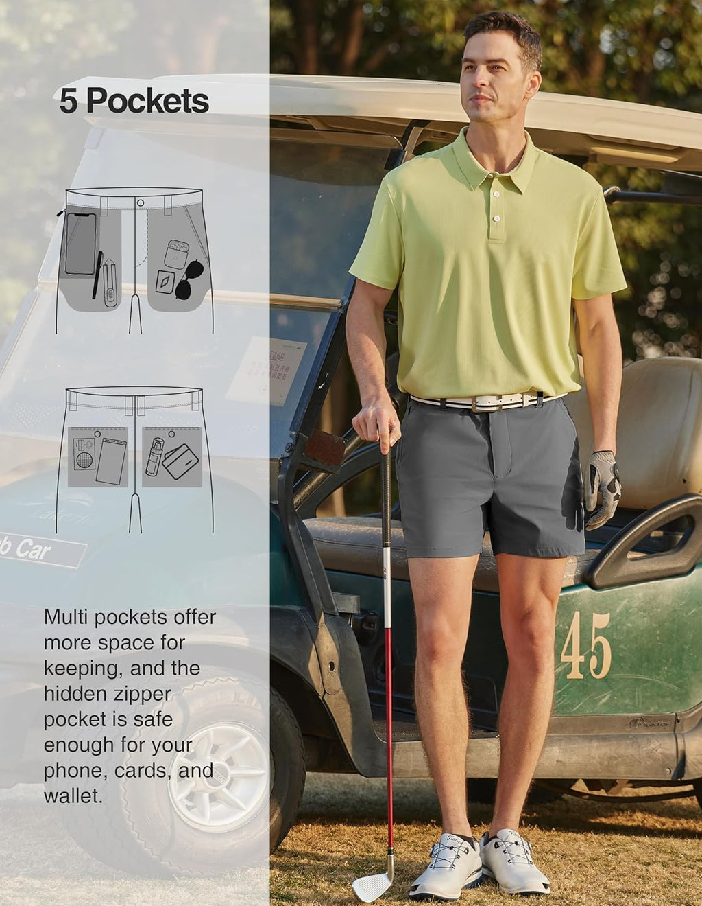 PULI Golf Shorts Men‘s 5 Inch Inseam Relaxed Fit Stretch Dress Lightweight Casual Travel Quick Dry Summer Shorts