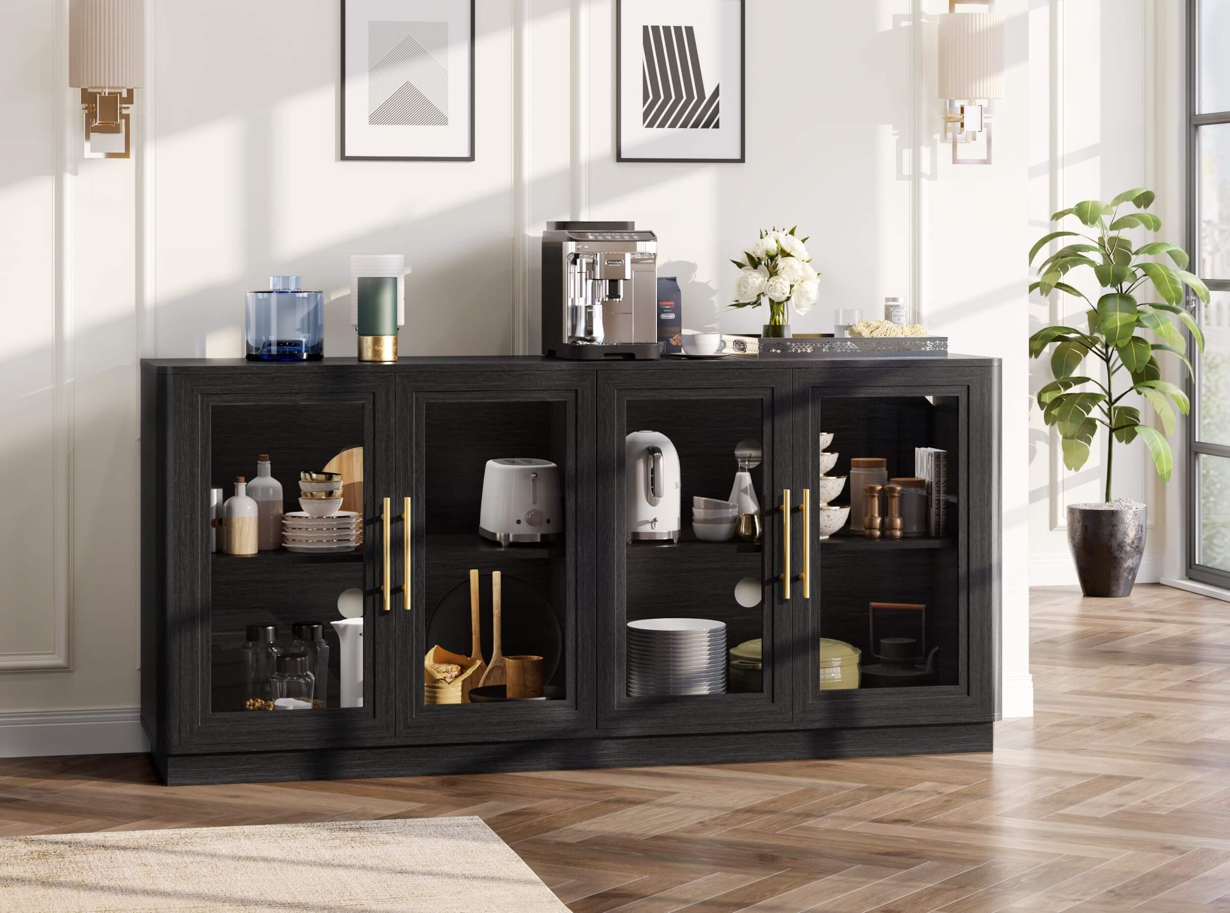 63" Buffet Cabinet with Storage, Modern Sideboard with 4 Glass Doors, Large Dining Room Credenza, TV Stand & Coffee Bar Cabinet