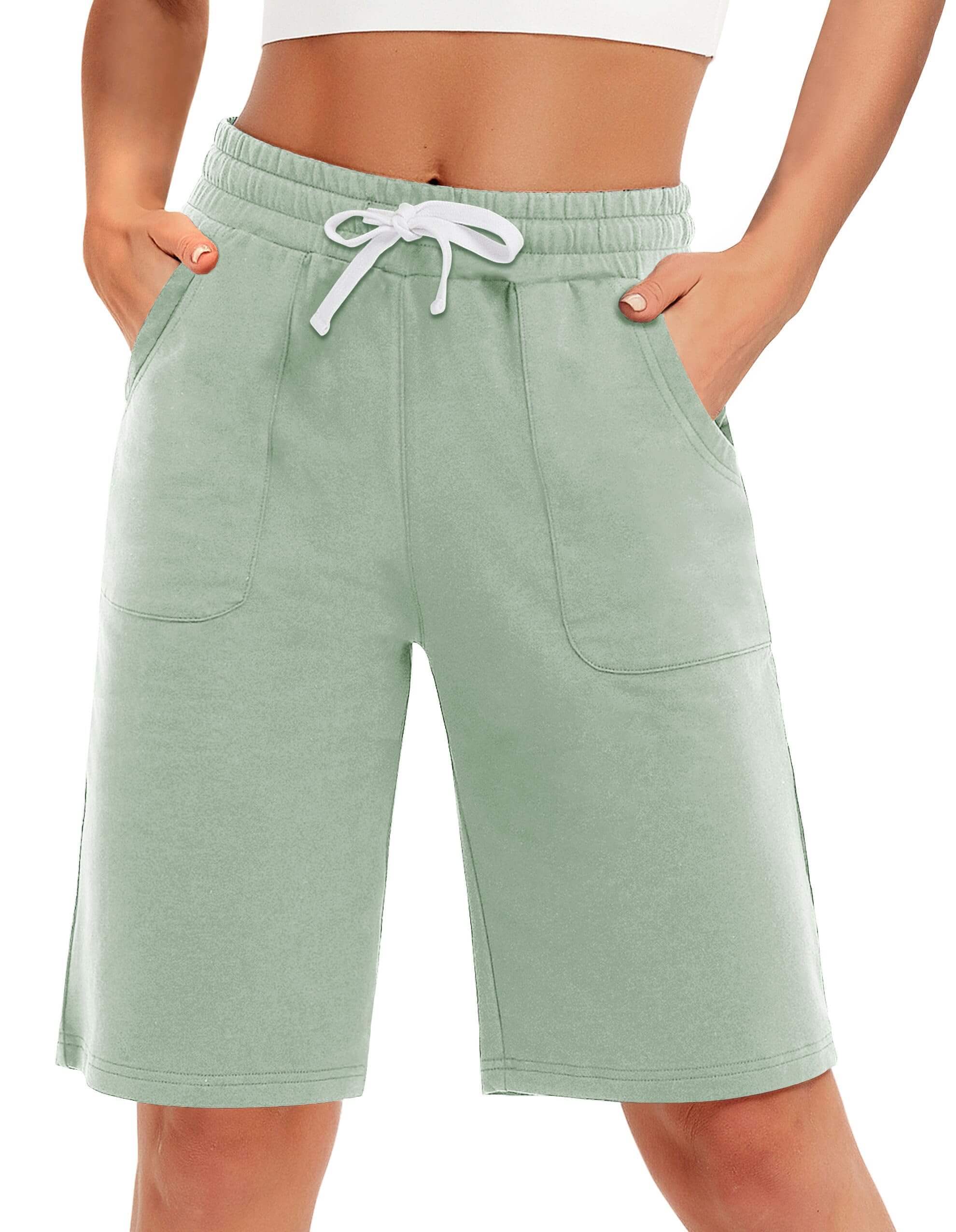 PULI Women's Cotton Sweat Shorts with Pockets  10" Athletic Lounge Sports Workout Bermuda Knee Shorts