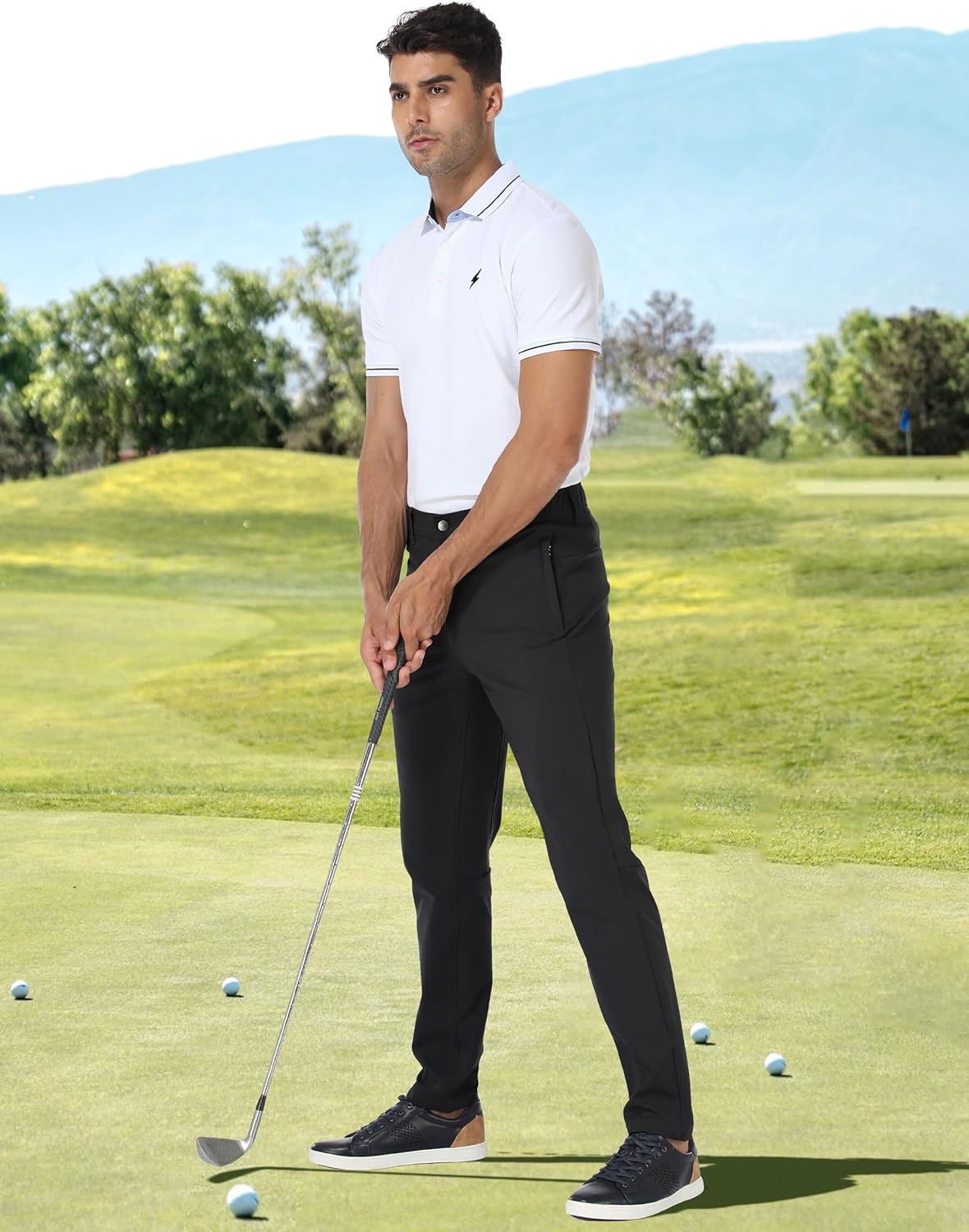 PULI Men's Golf Pants Stretch Slim Fit Casual Work Hiking Tapered Waterproof Pants with Pockets