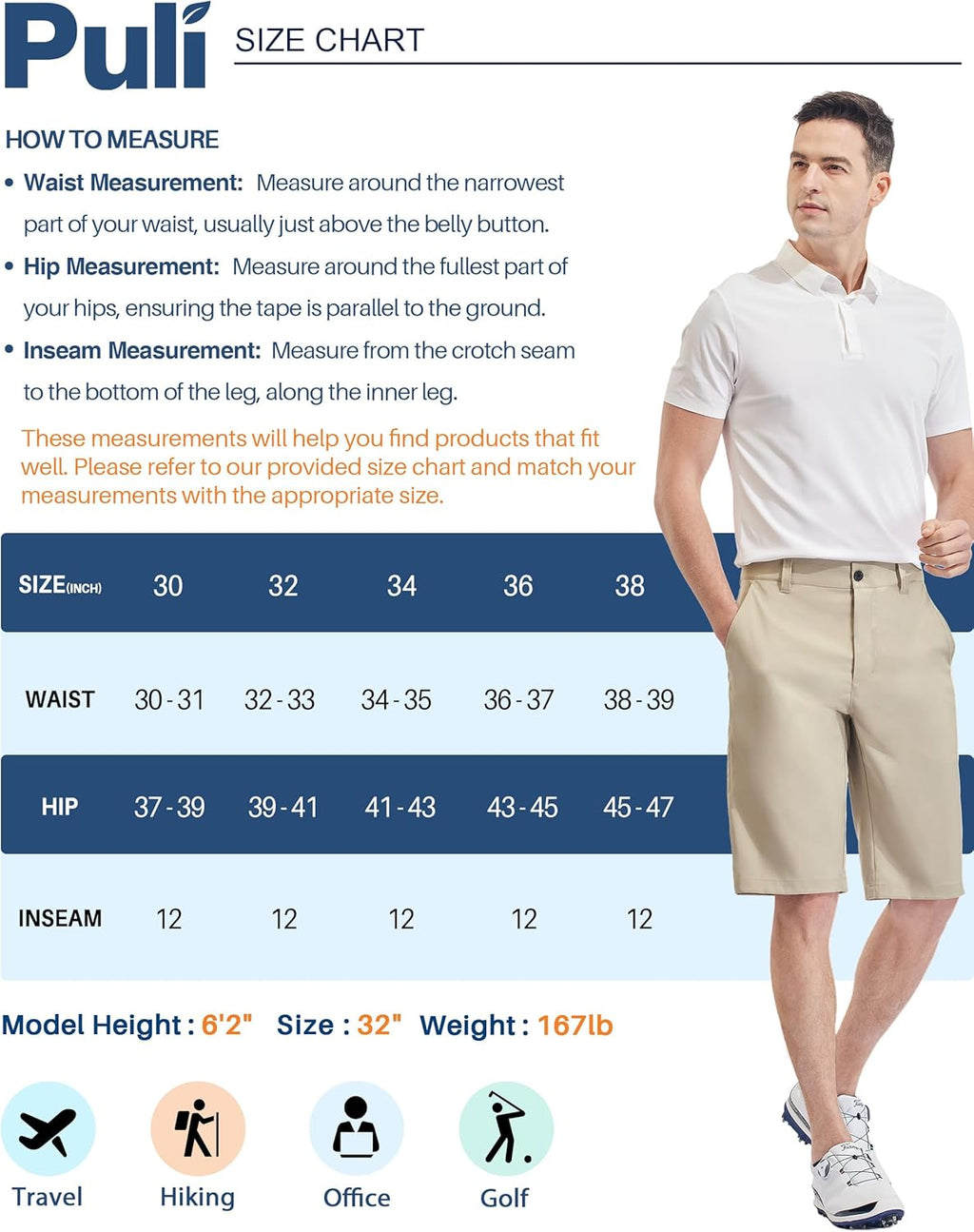 PULI Men's Golf Hiking Shorts Lightweight Casual Dress 12" Inseam Work Stretch Travel Hybrid Quick Drying with Pockets