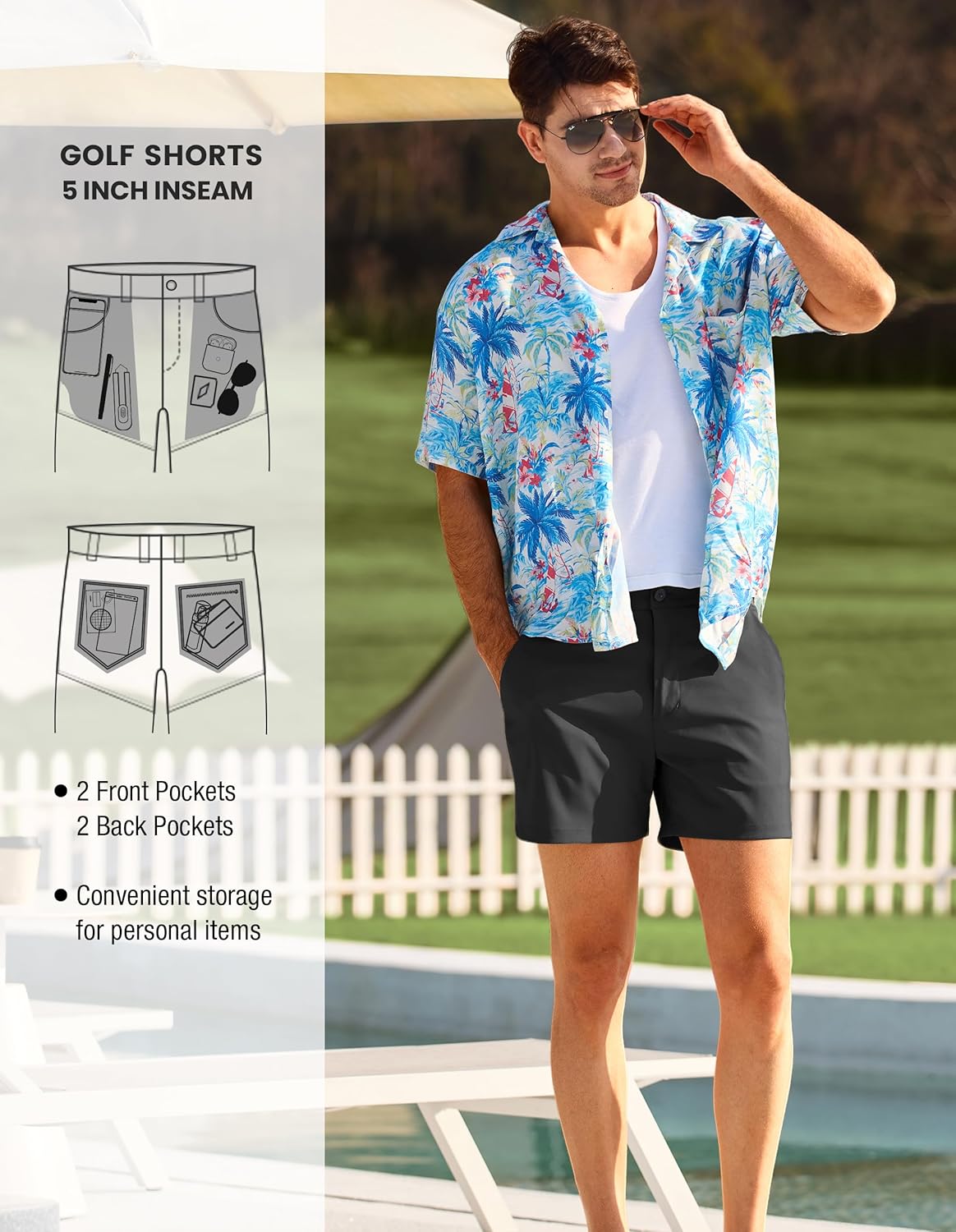 PULI Golf Shorts Men's 5 Inch Inseam Stretch Casual Dress Shorts with Pockets Waterproof Lightweight Quick Dry
