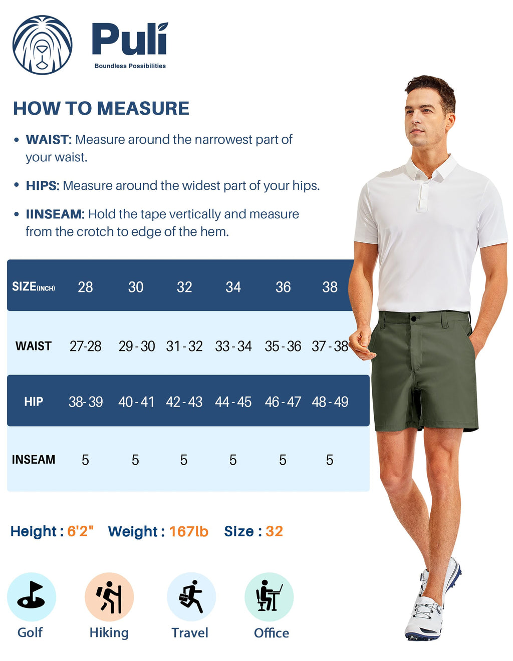 PULI Golf Shorts Men's 5 Inch Inseam Stretch Casual Dress Shorts with Pockets Waterproof Lightweight Quick Dry
