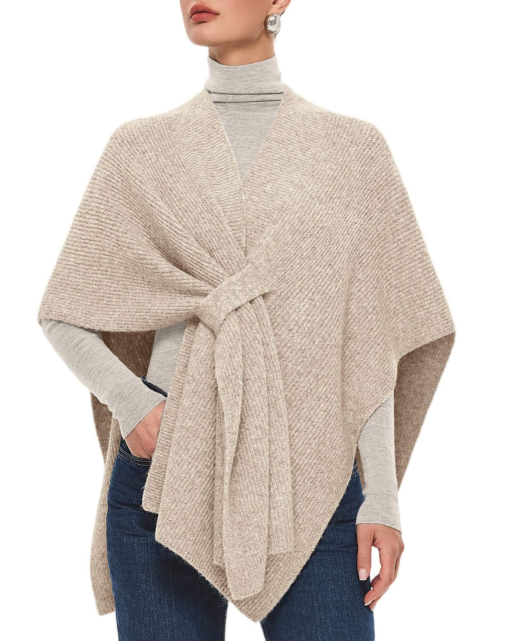 PULI Women's Shawl Wraps Casual Warm Travel Shawls Knit Poncho Sweater with Crossover Front