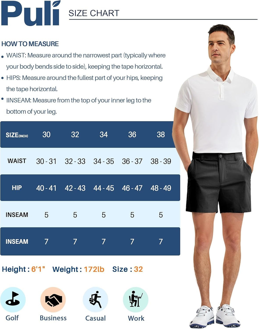 PULI Men's Golf Shorts Relaxed Fit Stretch Dress Lightweight Casual Waterproof Travel Quick Dry Summer Shorts 7 Inch Inseam