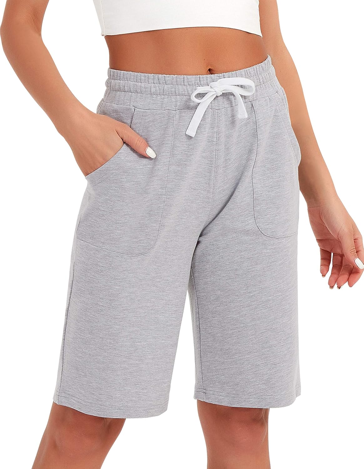 PULI Women's Cotton Sweat Shorts with Pockets  10" Athletic Lounge Sports Workout Bermuda Knee Shorts