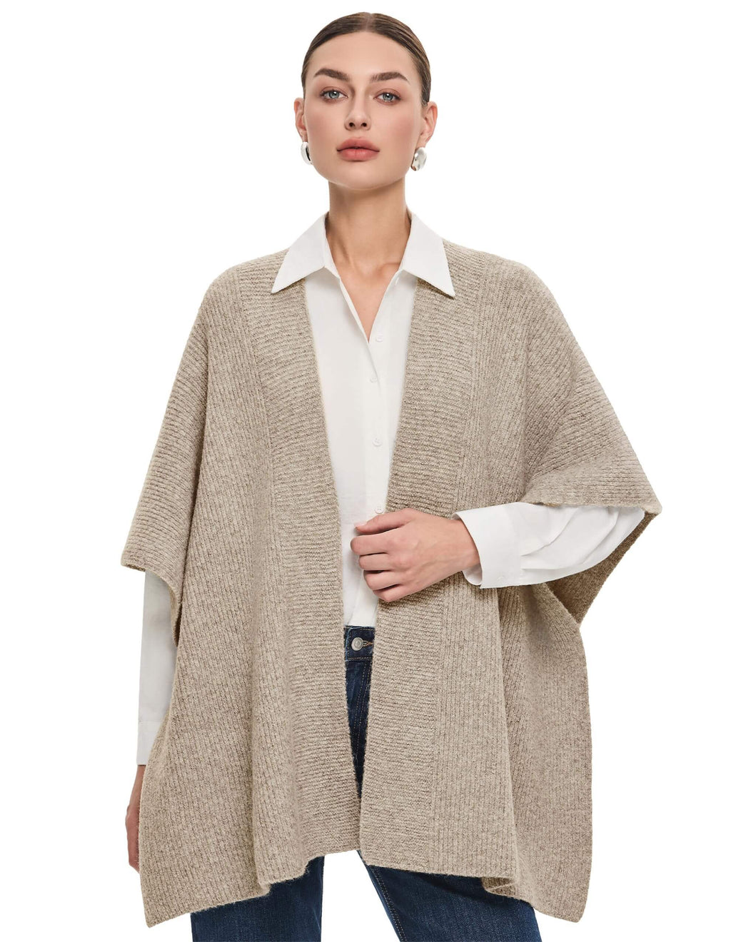 PULI Women's Open Front Shawl Wraps Casual Chunky Warm Capes Ribbed Knit Poncho Travel Sweater for Fall Winter