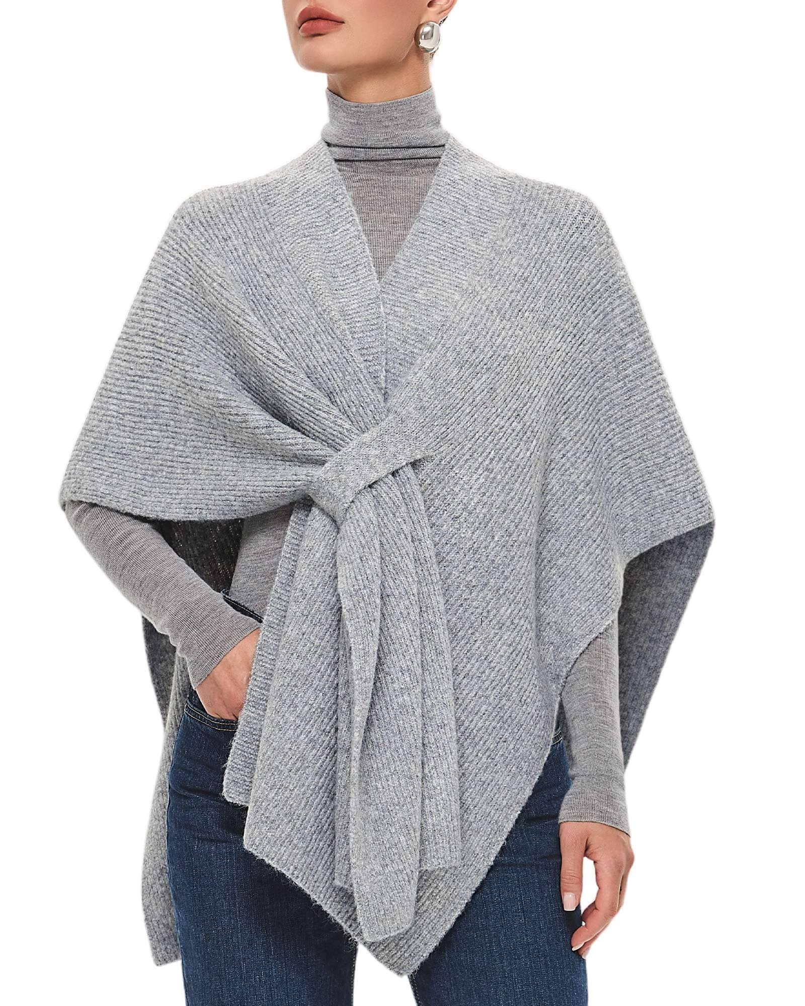 PULI Women's Shawl Wraps Casual Warm Travel Shawls Knit Poncho Sweater with Crossover Front
