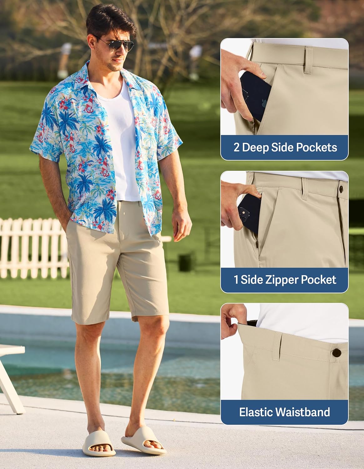 PULI Men's Golf Shorts 11 Inch Inseam Flat Front Lightweight Quick Dry with 5 Pockets for Travel Casual Business