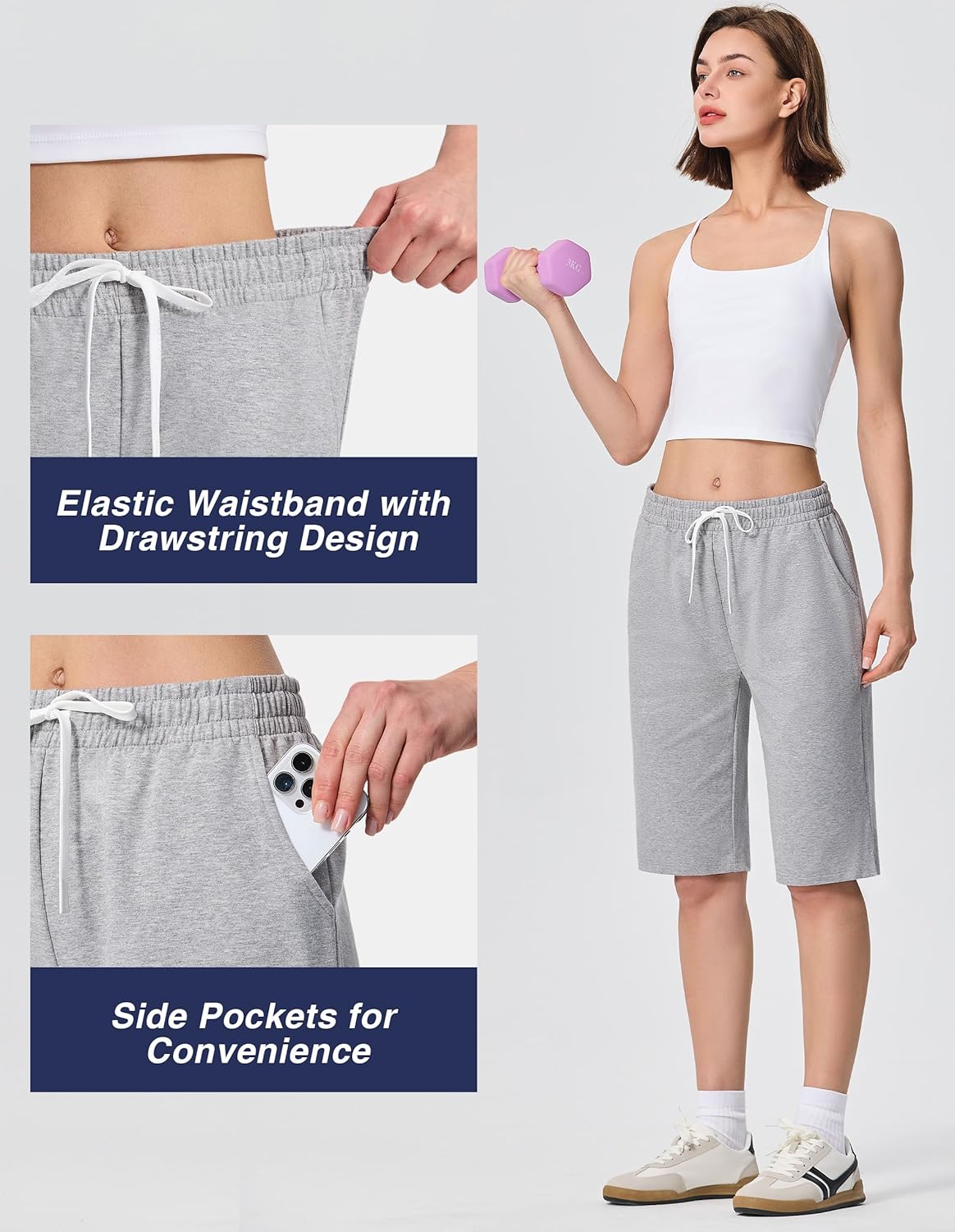 SPECIALMAGIC Women's 12" Bermuda Shorts with Pockets High Waisted Stretch Knee Length Sweat Shorts Long Workout Yoga Lounge