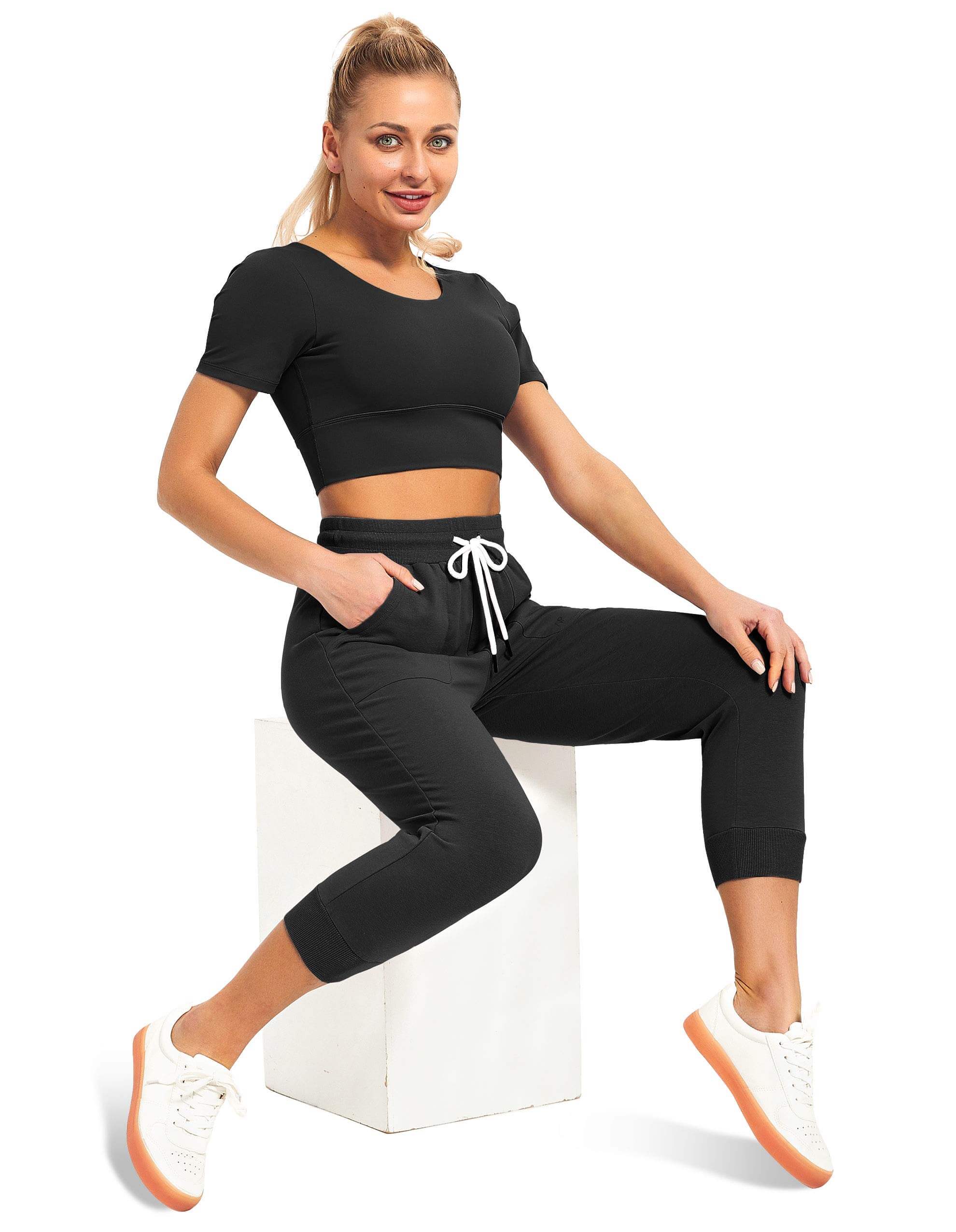 SPECIALMAGIC Women's Capri Sweatpants Cropped Jogger Running Pants Loose Fit Drawstring Waist with Side Pockets - 2pack