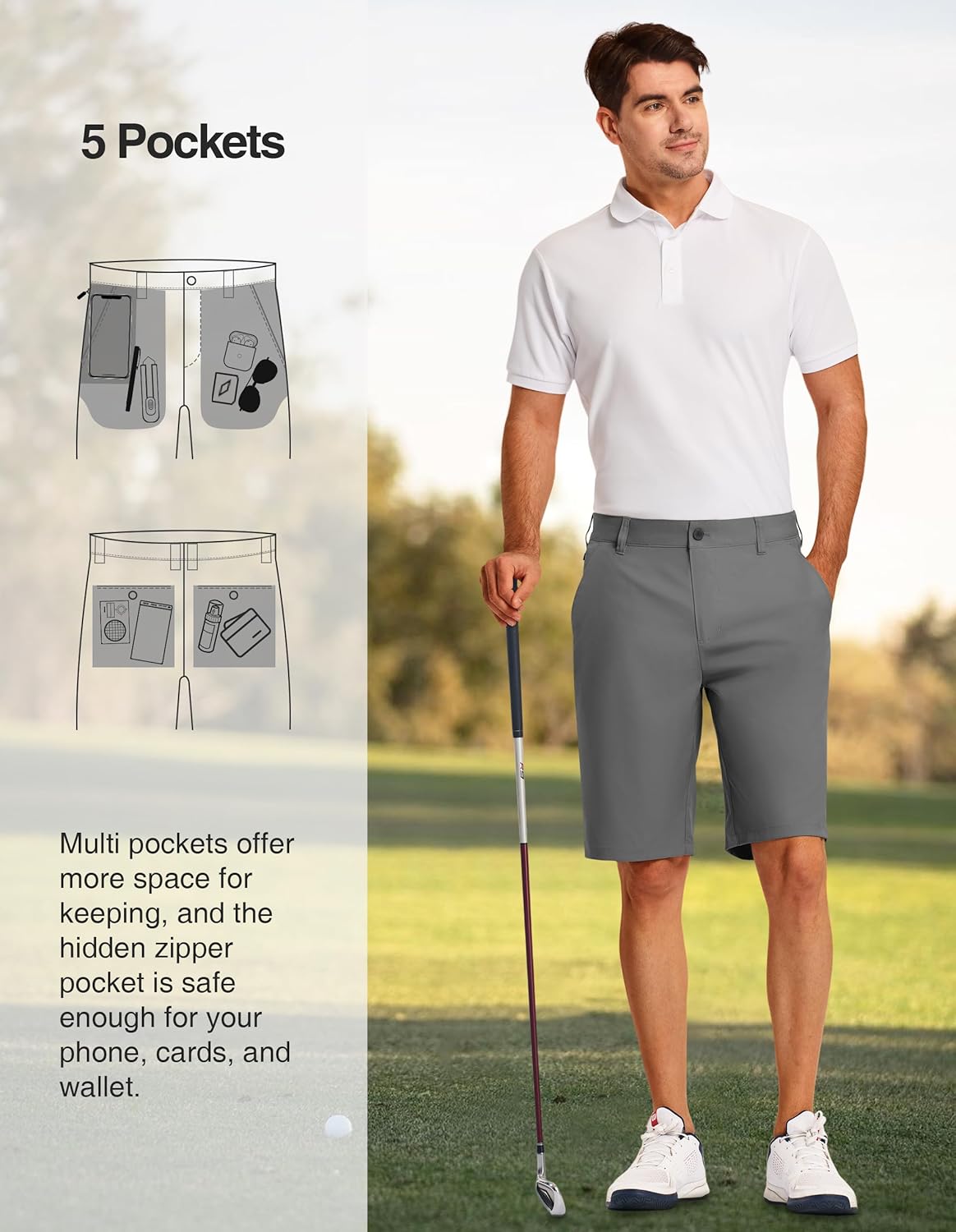 PULI Golf Shorts Men's 11 Inch Inseam Lightweight Casual Dress Stretch Travel Hybrid Quick Drying with Pockets