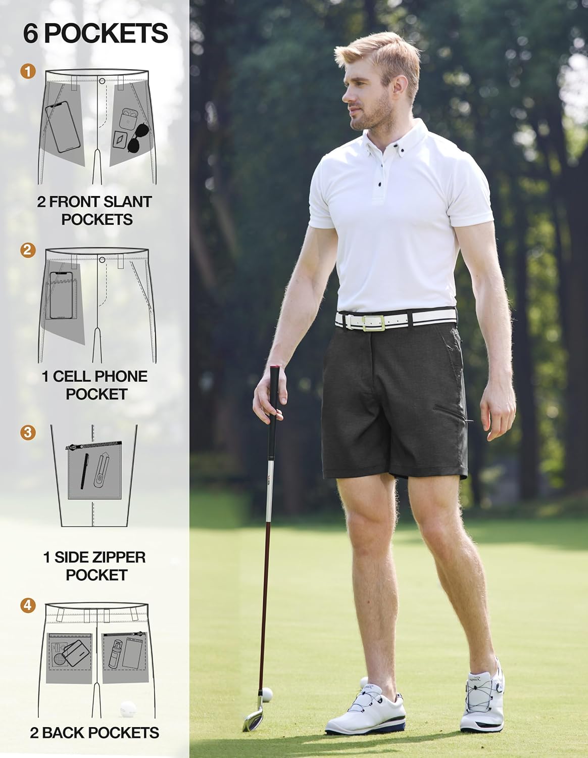 PULI Men's Golf Hybrid Shorts 7 Inch Dress Stretch Hiking Flat Front Quick Dry Lightweight Board Casual Shorts with Pockets