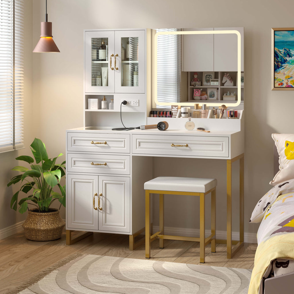 Makeup Vanity Desk with Lights and Mirror, Glass Top Vanity Table with Power Outlet, Adjustable 3-Color LED, 4-Door Vanity with Drawers and Chair for Bedroom