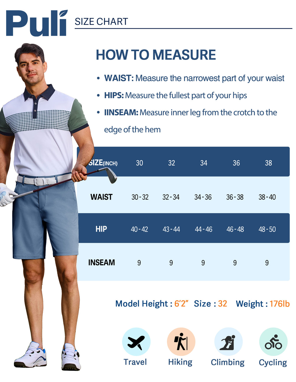 PULI Men's Golf Dress Shorts 7 Inch with 5 Pockets