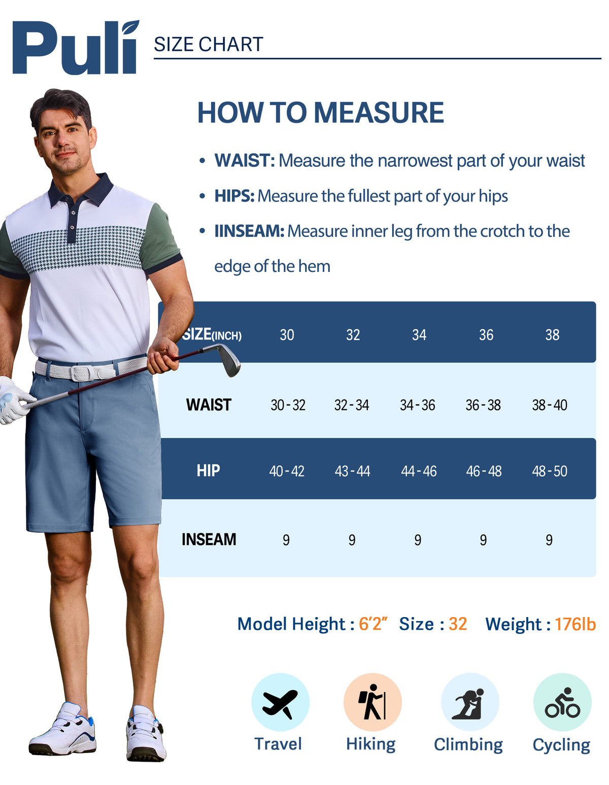 PULI Men's Golf Dress Shorts 7 Inch with 5 Pockets