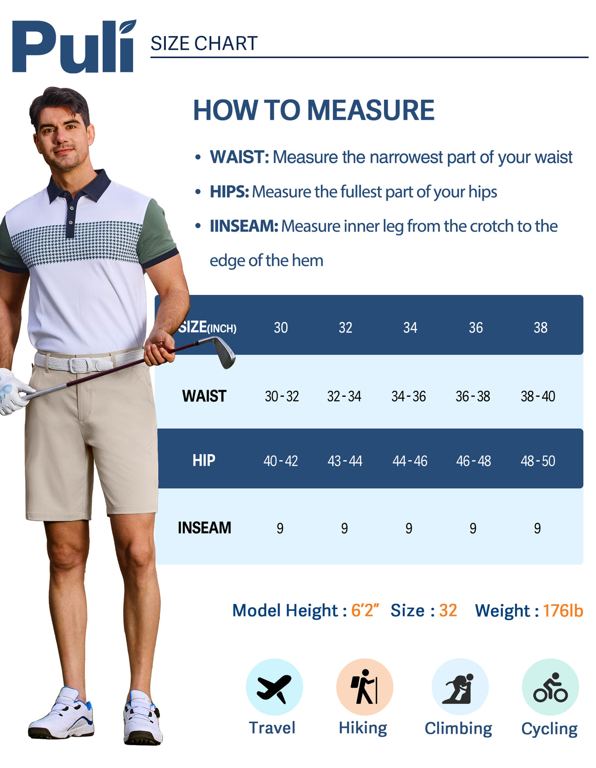 PULI Men's Golf Dress Shorts 7 Inch with 5 Pockets