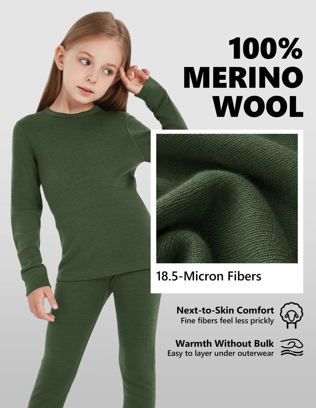 Woolcano Kid's 260g Merino Wool Unisex Base Layer Set Lightweight Thermal Underwear