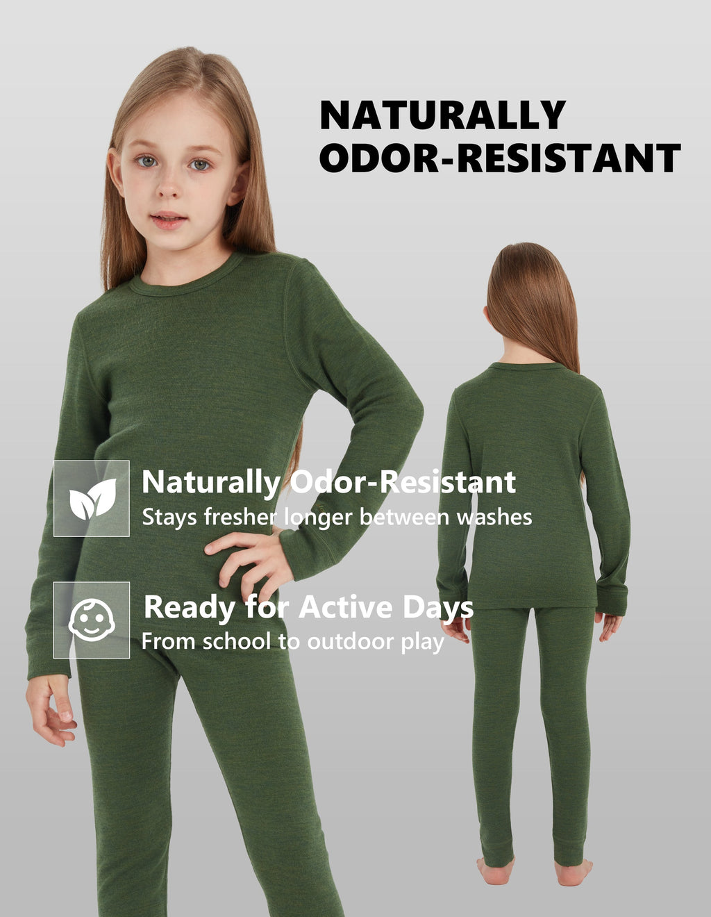 Woolcano Kid's 260g Merino Wool Unisex Base Layer Set Lightweight Thermal Underwear