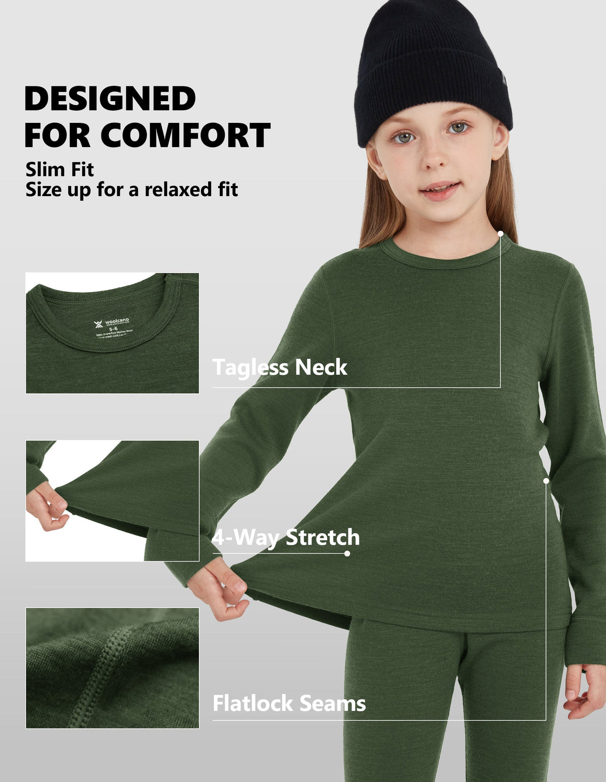Woolcano Kid's 260g Merino Wool Unisex Base Layer Set Lightweight Thermal Underwear