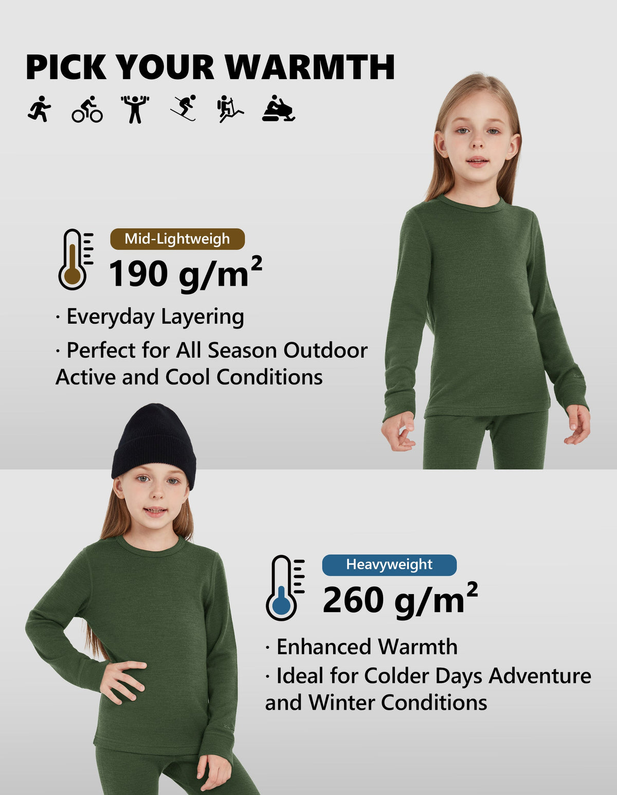 Woolcano Kid's 260g Merino Wool Unisex Base Layer Set Lightweight Thermal Underwear