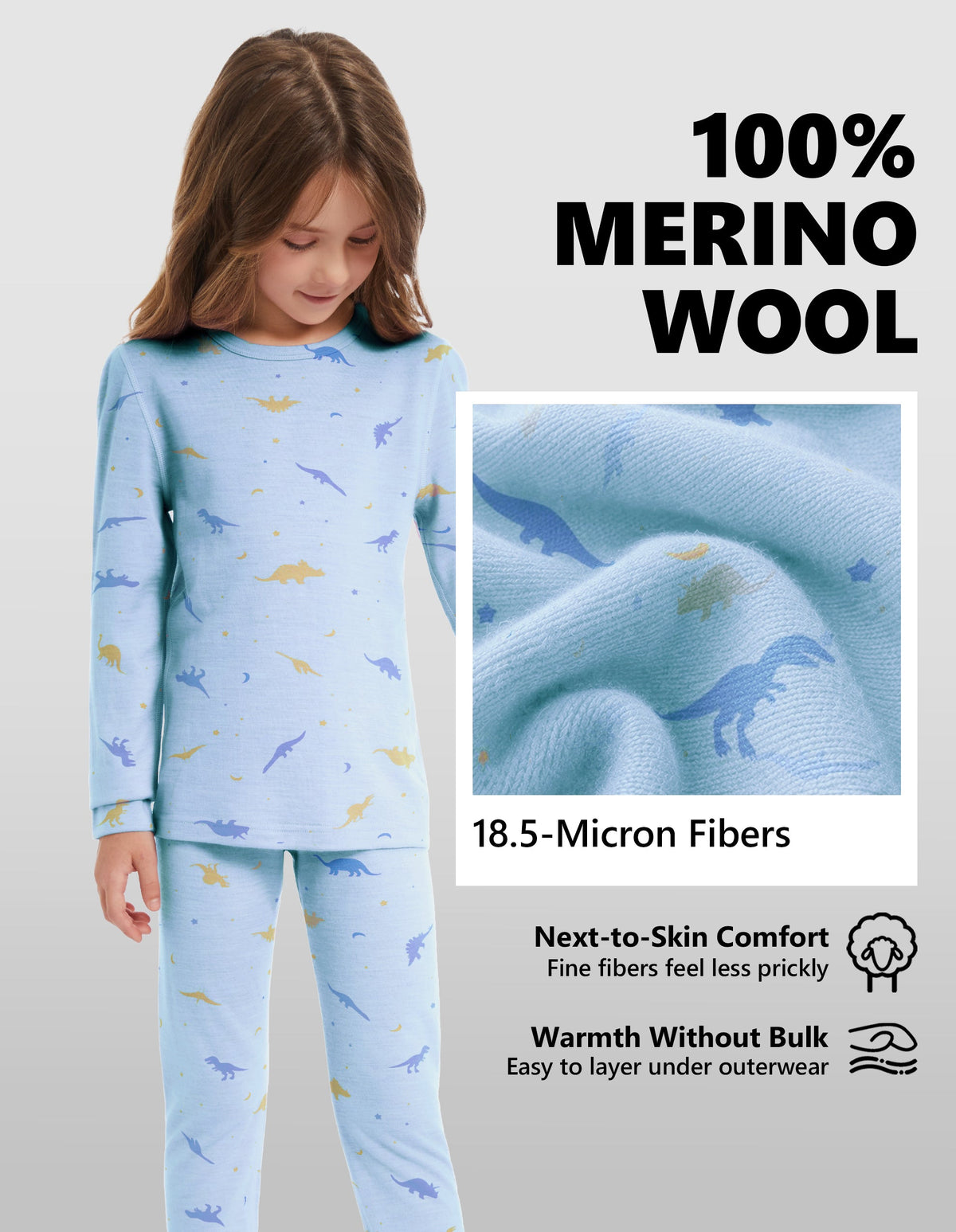 Woolcano Kid's 190g Merino Wool Unisex Base Layer Set Lightweight Thermal Underwear