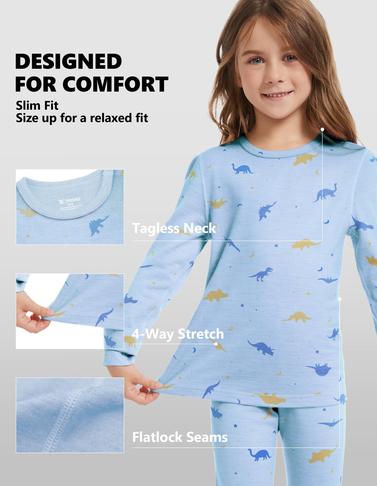 Woolcano Kid's 190g Merino Wool Unisex Base Layer Set Lightweight Thermal Underwear