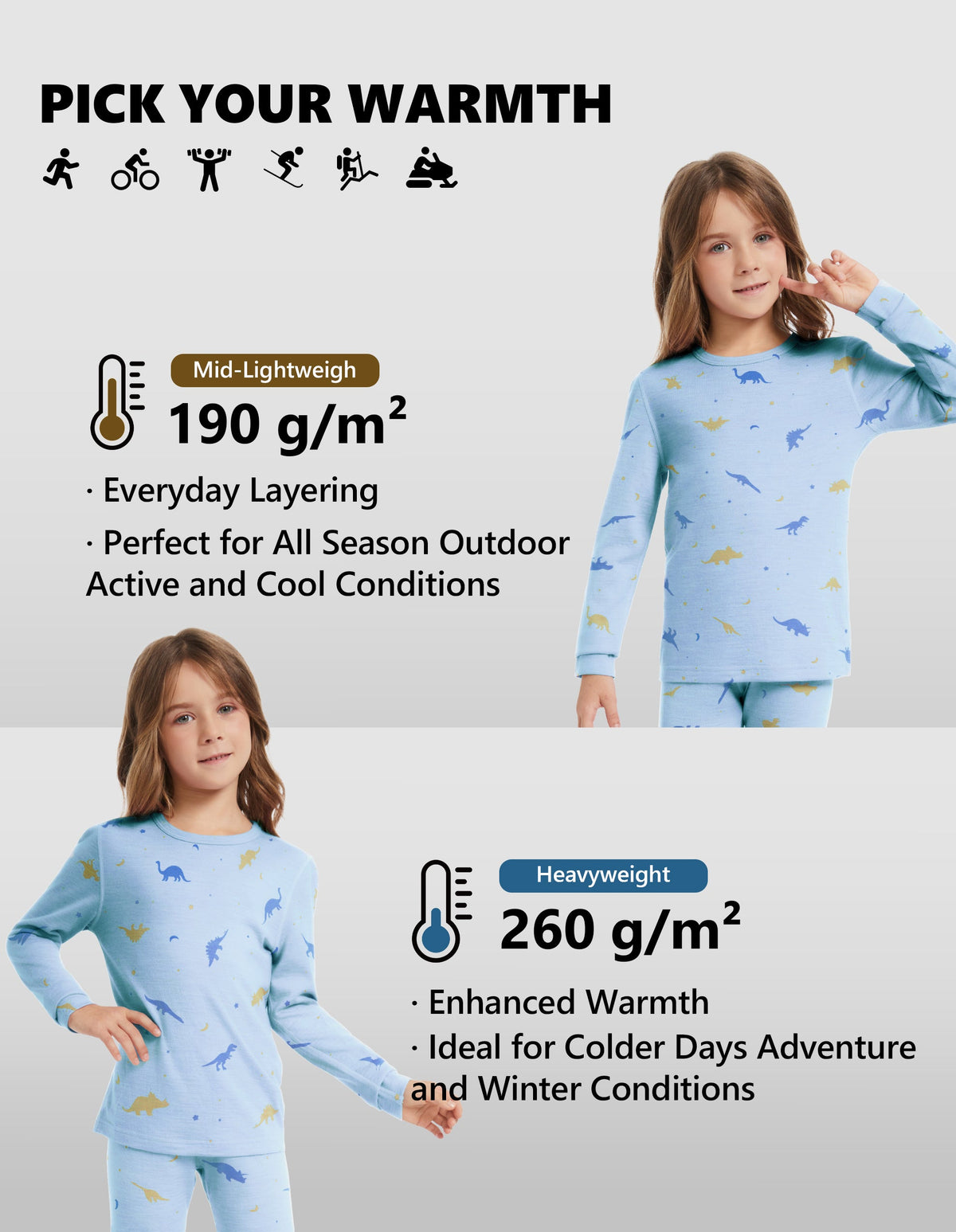 Woolcano Kid's 190g Merino Wool Unisex Base Layer Set Lightweight Thermal Underwear