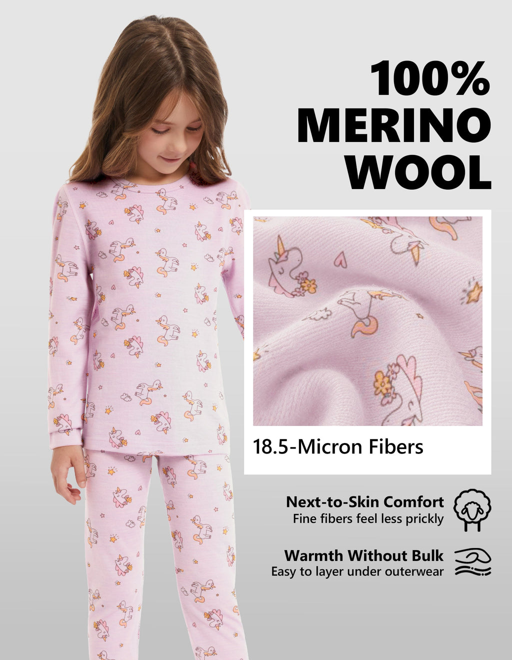 Woolcano Kid's 190g Merino Wool Unisex Base Layer Set Lightweight Thermal Underwear