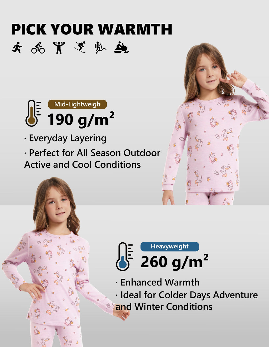 Woolcano Kid's 190g Merino Wool Unisex Base Layer Set Lightweight Thermal Underwear